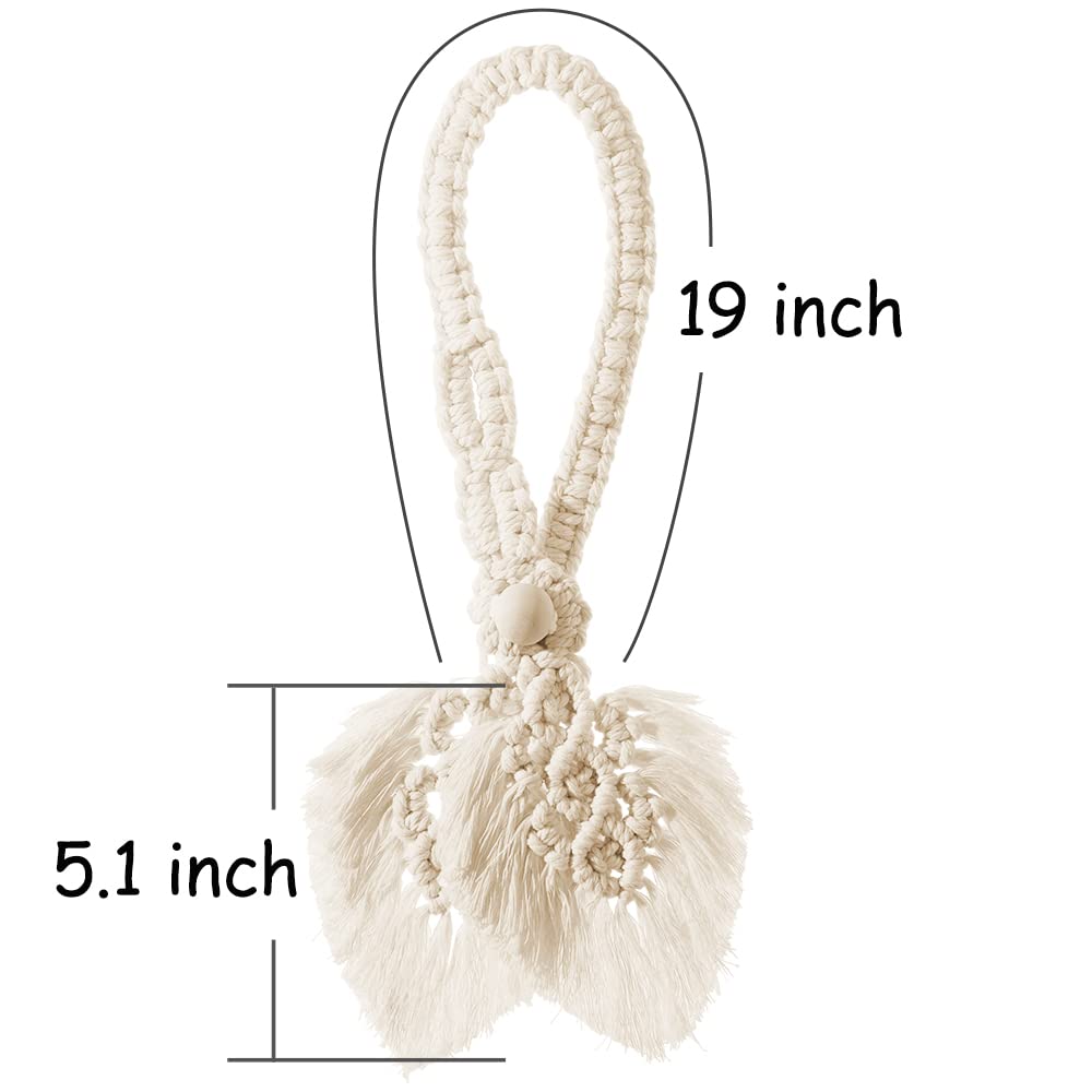 2-Pack Boho Cotton Curtain Tiebacks with Handmade Double Leaves & Adjustable Wood Beads (Beige)