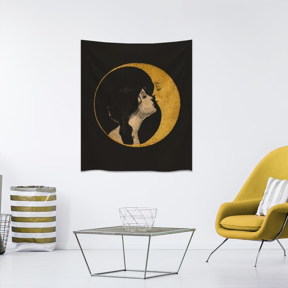 Dark Academia Woman Kissing Moon Art Tapestry Gothic Aesthetic Wall Hanging Witchy Picture Print Moon Goddess Tapestries Wall Decor for Living Room Bedroom Dorm 70x90inch