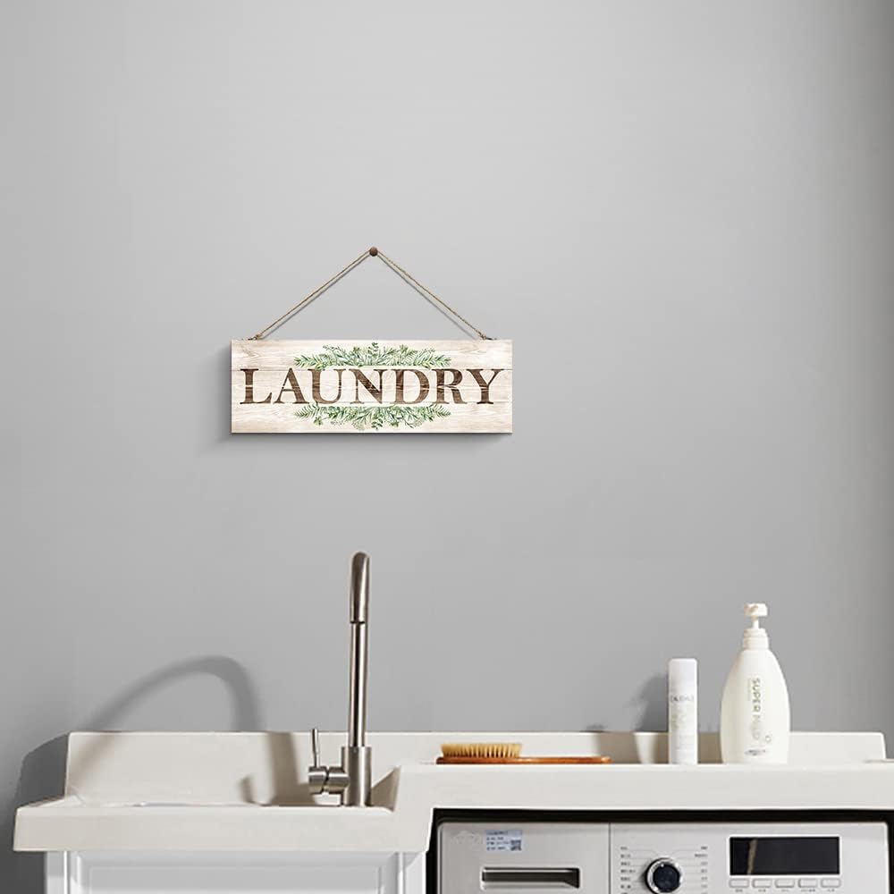 Laundry Sign Wall Decor, Kitchen Wall Art with Plant Print, Rustic Farmhouse Wall Hanging Plaque Home Kitchen Decorative (Laundry), 4.7 x 13.7 inches