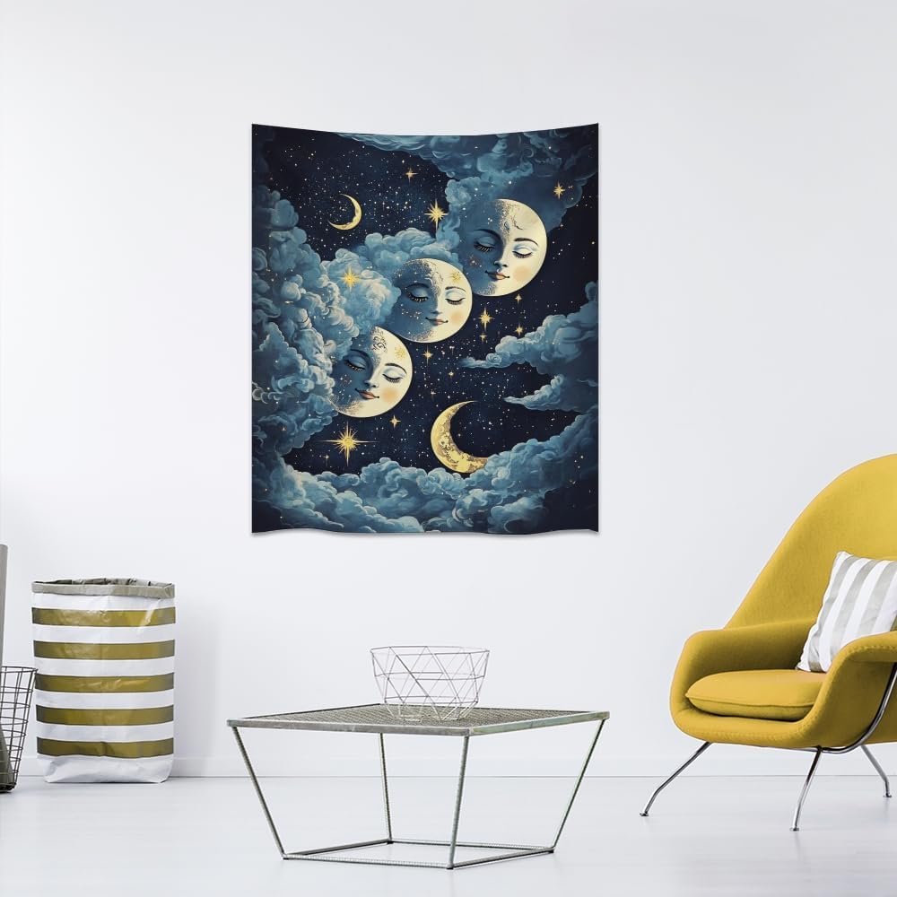 Blue Moon Faces Tapestry Celestial Wall Art Dark Academia Aesthetic Print Stars Clouds Tapestries Wall Hanging whimsical Gothic Home Decor for Bedroom Living Room 40x60inch