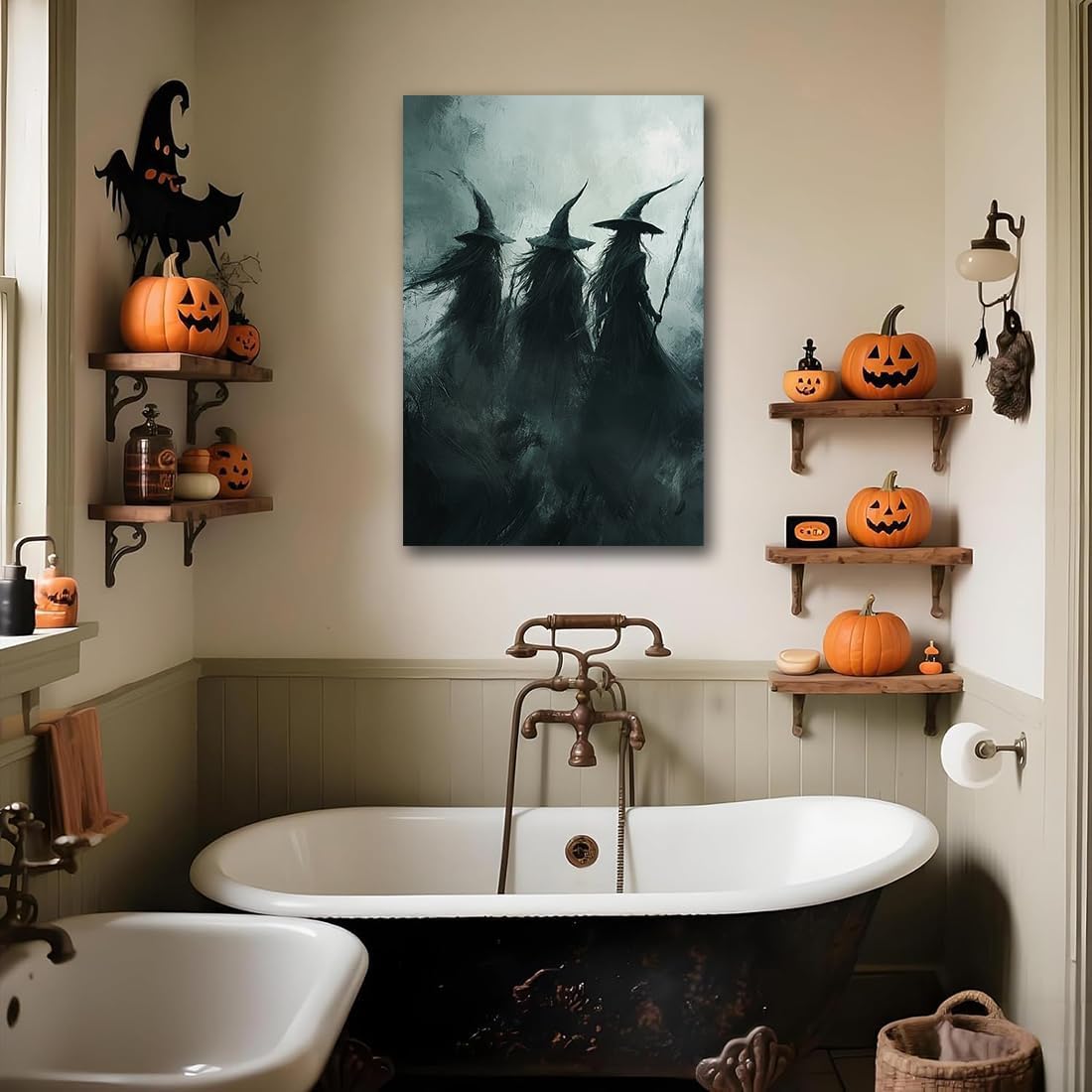 Gothic Witchs Horror Halloween Wall Art,Three Witches in Moody Forest Painting Wall Decor,Autumn Spooky Witches Forest Canvas Printing For Gallery Living Room Bedroom,20"x30" Framed