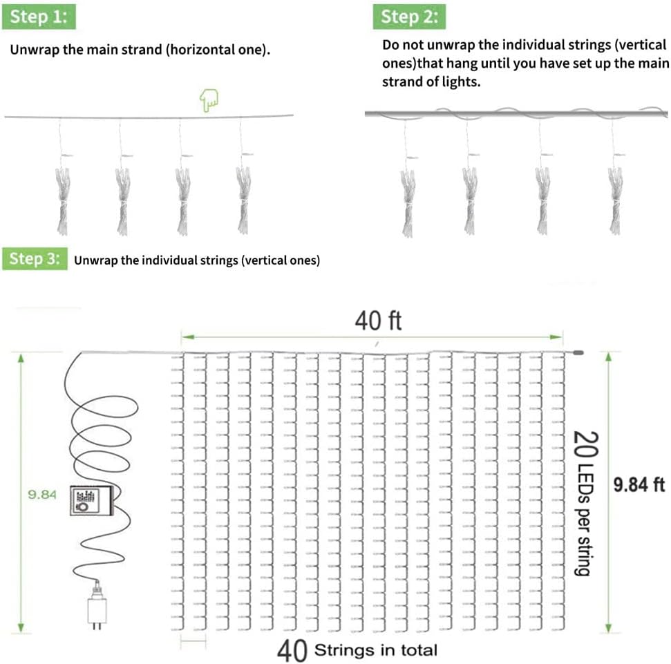 Solhice LED Curtain Lights Outdoor 40ft x10ft, 800 LED Plug in Hanging String Lights Indoor, Christmas Twinkle Lights Backdrop for Outside Backyard Patio Wedding Décor, Warm White (Not Connectable)