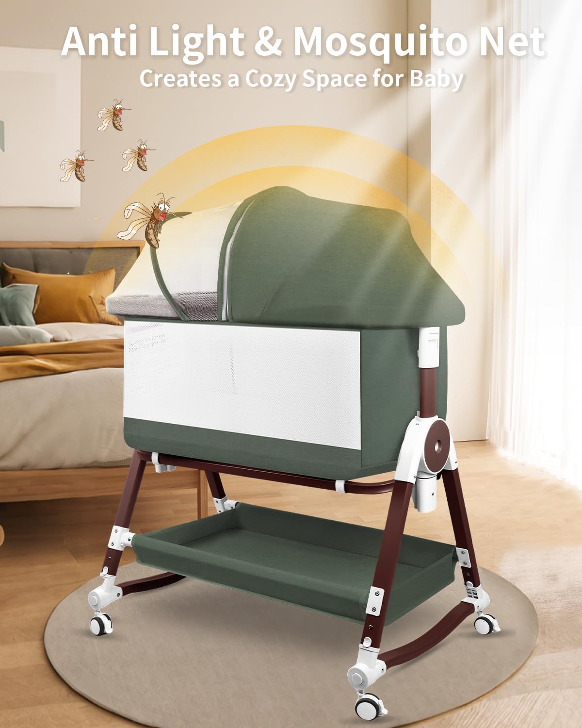 4 in 1 Baby Bassinet, Bassinets Bedside Sleeper with Wheels and Storage Basket, Adjustable 7 Heights Bedside Sleeper with Mosquito Net, Breathable Mesh Rocking Bassinet for Baby