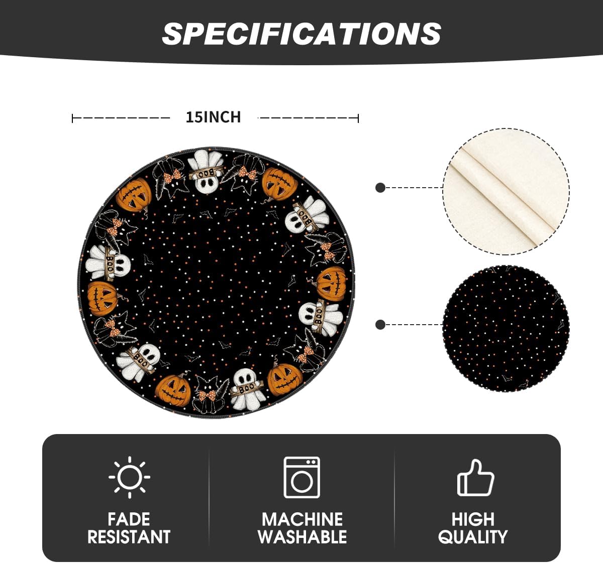 Artoid Mode Ghost Cat Halloween Round Placemats Set of 4, 14 Inch Table Mats for Party Kitchen Dining