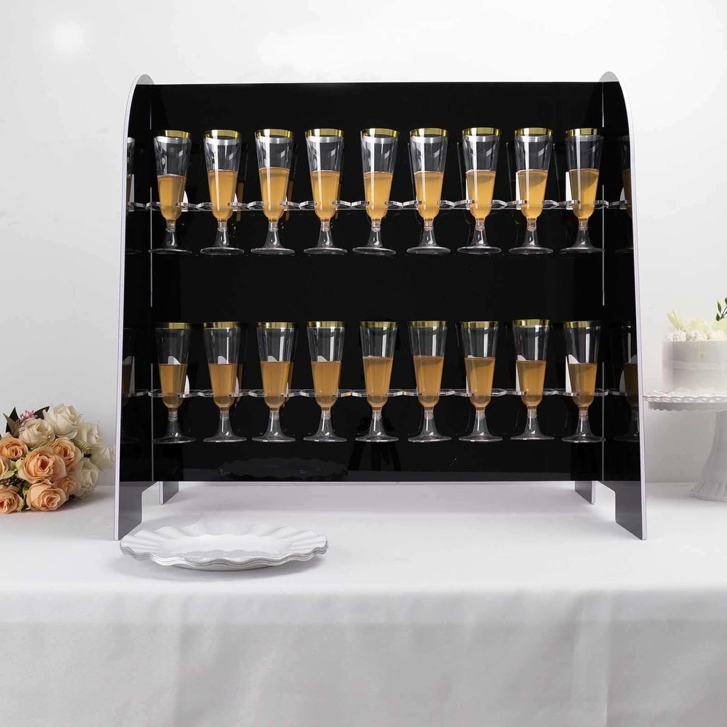 Tableclothsfactory Black Mirror Finish 2-Tier Wine Glass Stemware Rack, 18 Champagne Flute Holder Foam Board Stand - 25"