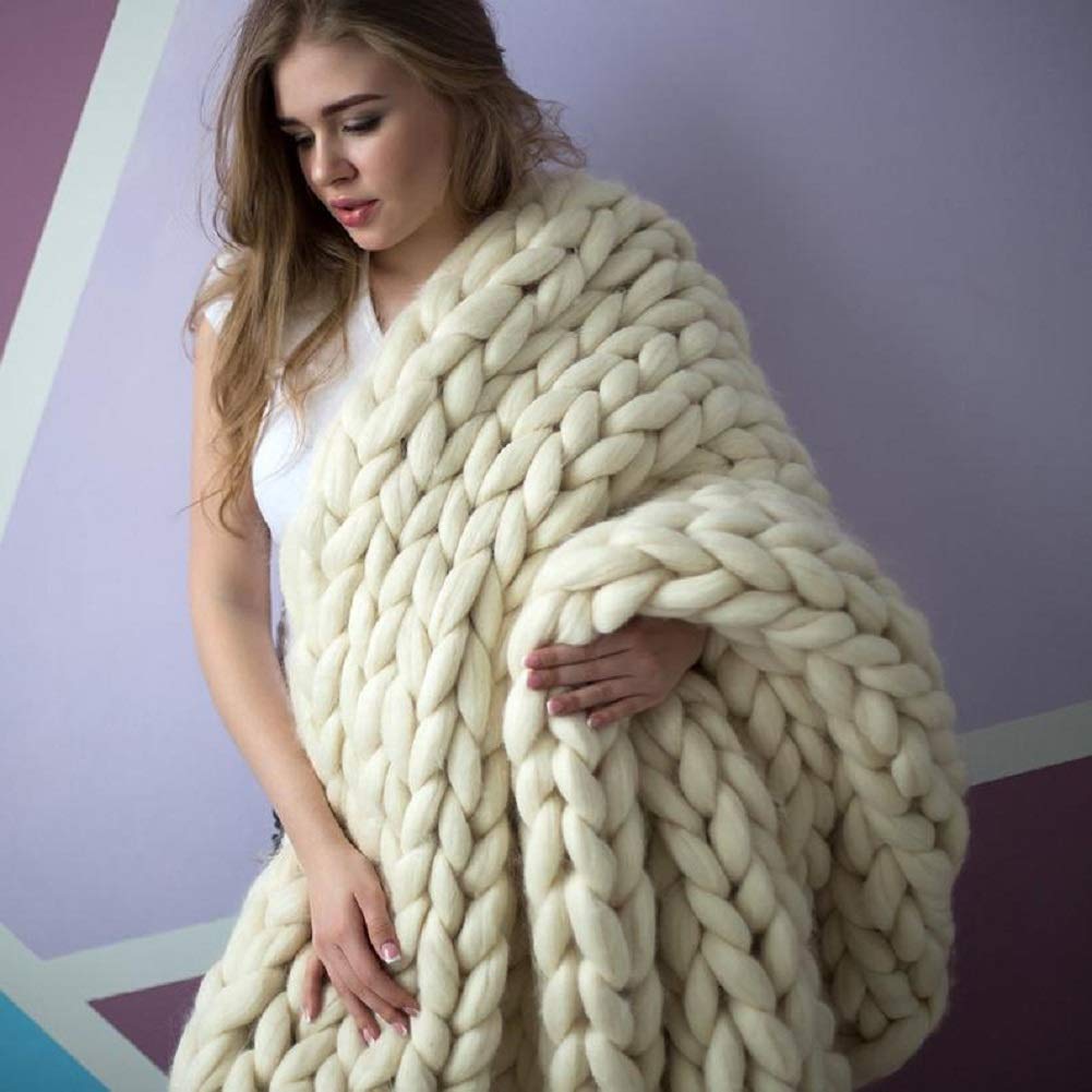 Chunky Knit Merino Wool Throw Blanket (Ivory White,60"x80")