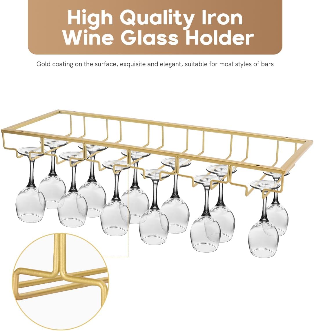 Xverycan Wine Glass Rack Under Cabinet, 6 Row Extreme Large Stemware Hanger, Metal Wine Goblet Holder, DIY Bar Glass Storage Rack for Bar Counter, Kitchen, Screws Included (Gold)