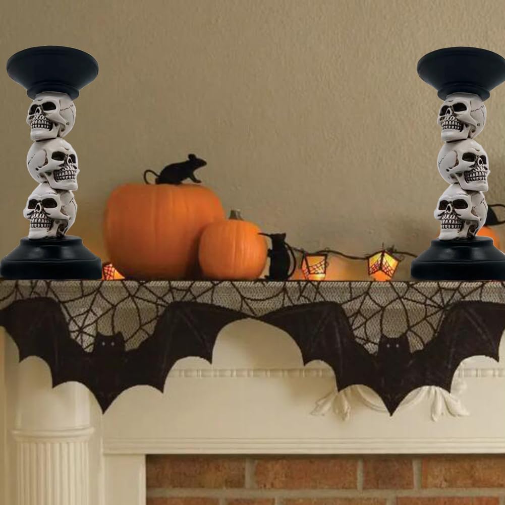 Halloween Skull Candle Holder - Vintage Pillar Candle Holder with Resin Skull Skeleton Design - Indoor Decor