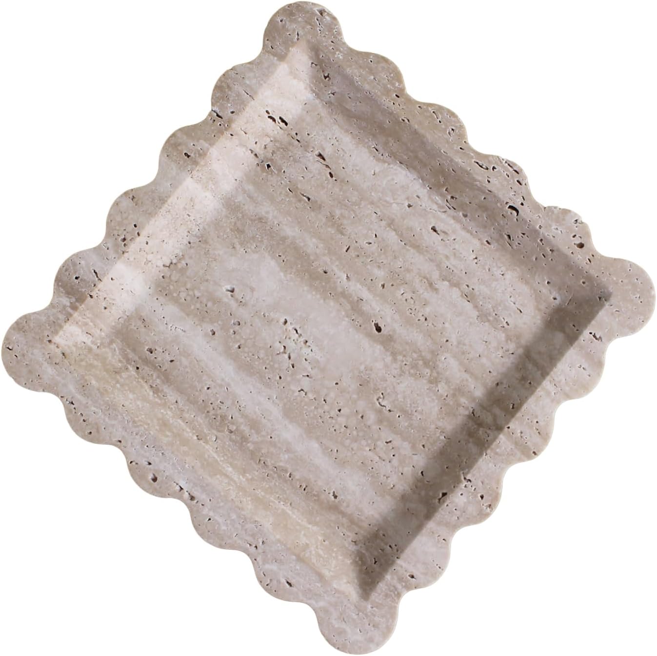 Natural Luxury Marble Tray with Scalloped Edge, Handmade Square Decorative Tray, Catch All Tray for Counter, Dresser, Nightstand and Home Décor (Beige Travertine)