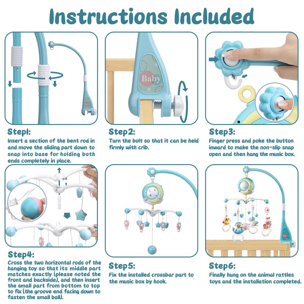 Baby Musical Crib Mobile with Timing Function Projector Lights,Stand-Along Rattles and 150 Melodies Music Box with Remote Control for Newborn 0-24 Months