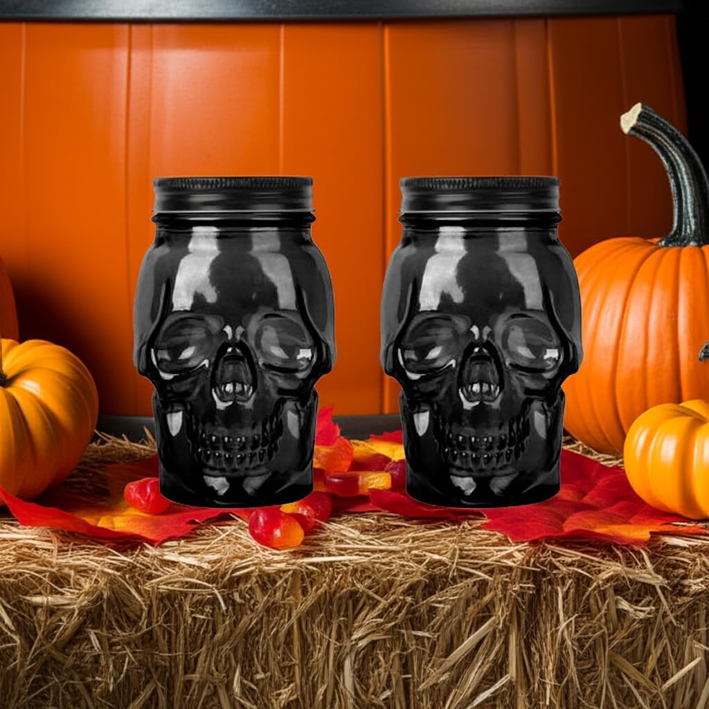 Set of 2 Skull Mason Jar Glasses with Lids | 16oz Reusable Halloween Drinking Glasses | Unique Skull Décor, Storage, & Canning Jars for Parties & Gifts