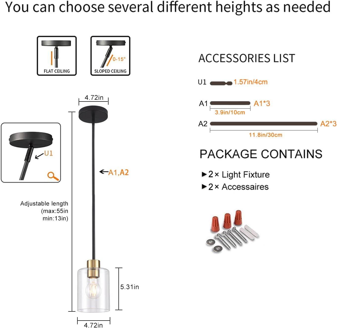 Black Brass Pendant Lights Kitchen Island - Clear Glass Pendant Light Fixture Multiple Stems Rods 3 Units 12 Inch 3 Units 4 Inch (2 Pack Black Brass Downrod)