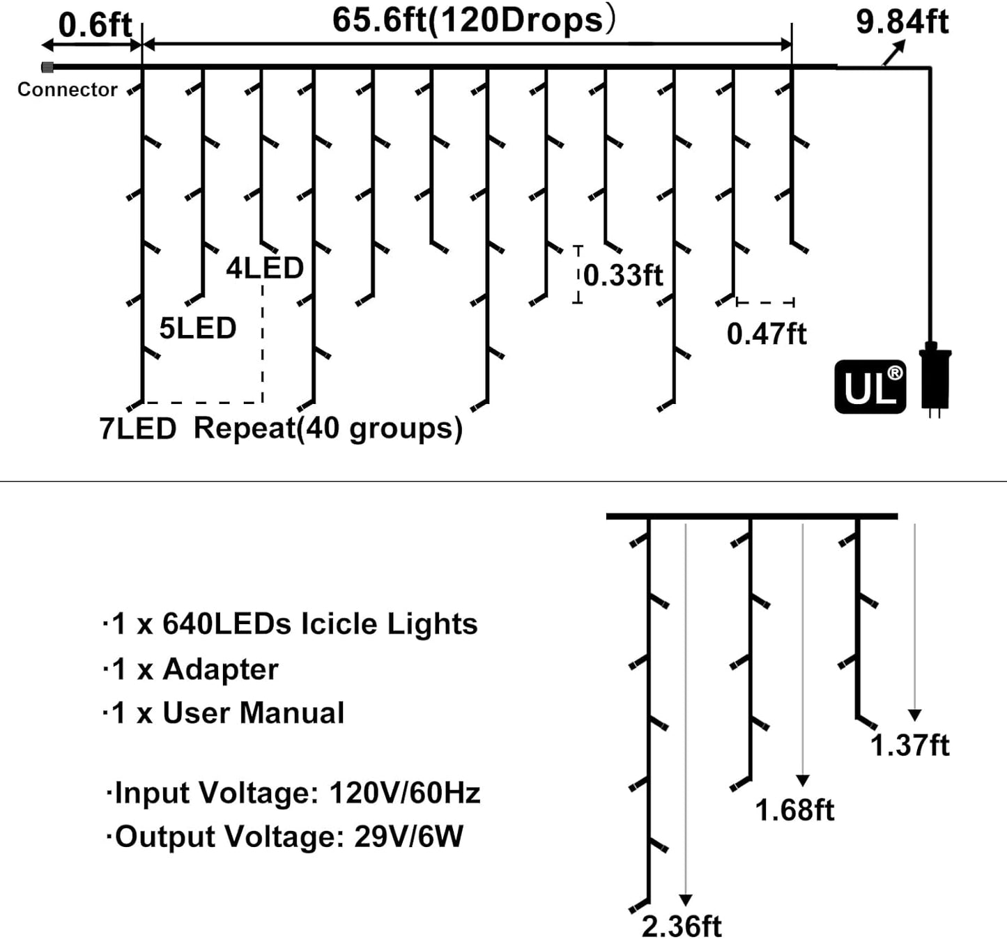 Blue Christmas Lights Outdoor, 66ft 640 LED Icicle Lights for Outside House with Connectable Clear Wire 8 Modes Timer, Plug in Waterproof for Home Holiday Eaves Patio Yard Party Room Indoor Decoration