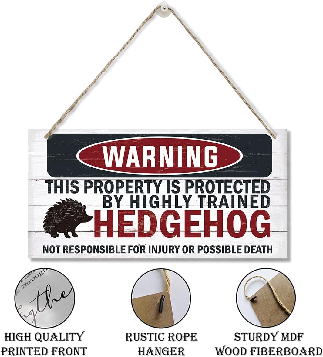 Warning Signs - Highly Trained Hedgehog Plaque, Decorative Wood Hanging Sign for Yard, Street, Garden, Garage, Outdoor, Home
