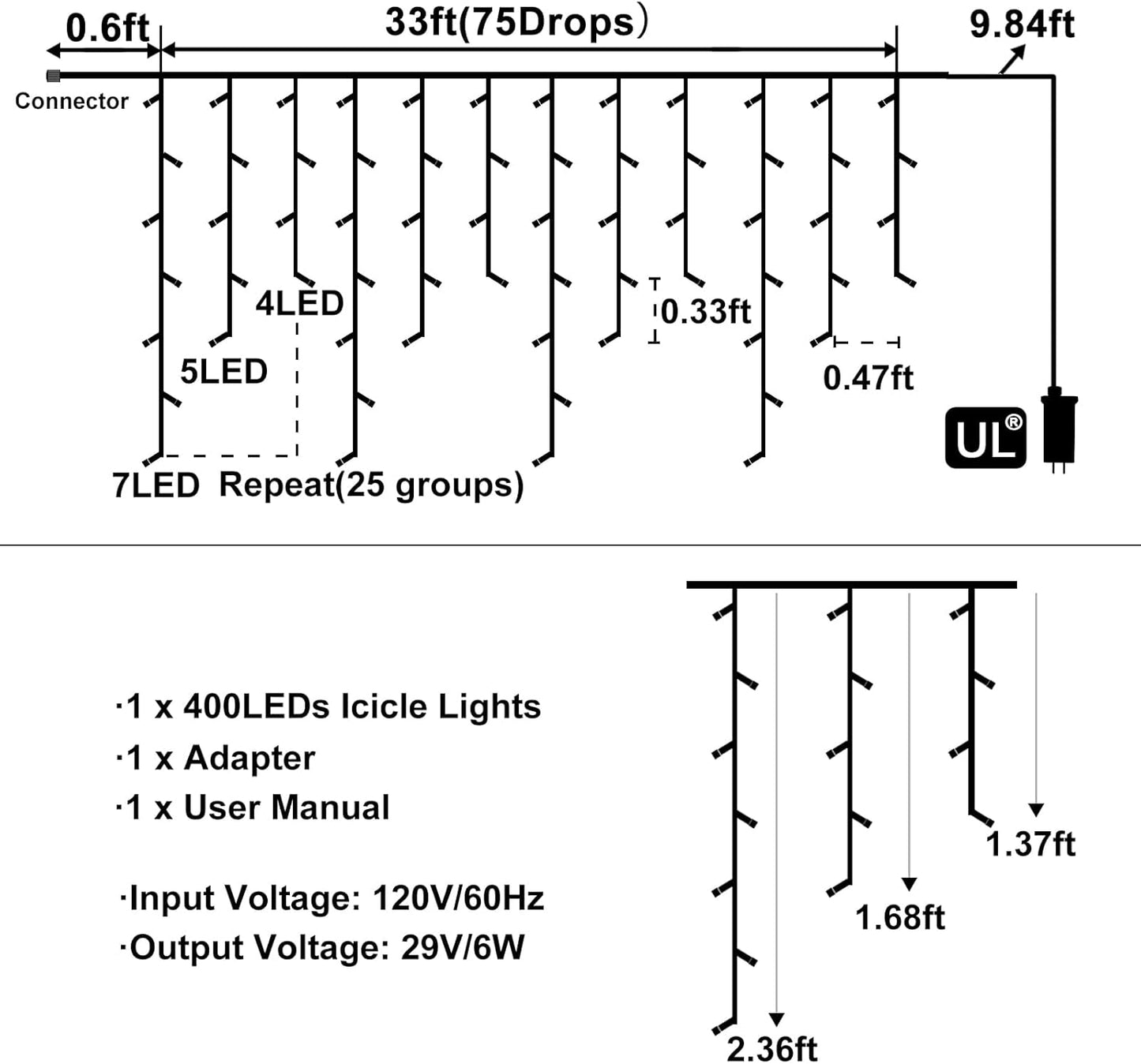 Colored Christmas Lights Outdoor, 33ft 400 LED Icicle Lights for Outside House with Connectable Clear Wire 8 Modes Timer, Plug in Waterproof for Home Holiday Eaves Yard Party Room Indoor Decoration