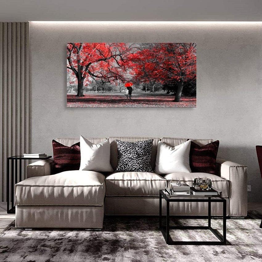 Bamdeya Wall Art for Bedroom Black and White Red Wall Decor Scenery Tree Prints Art Forest Canvas Painting Artwork Living Room Decor Large Framed Picture Home Decoration-24x48inches