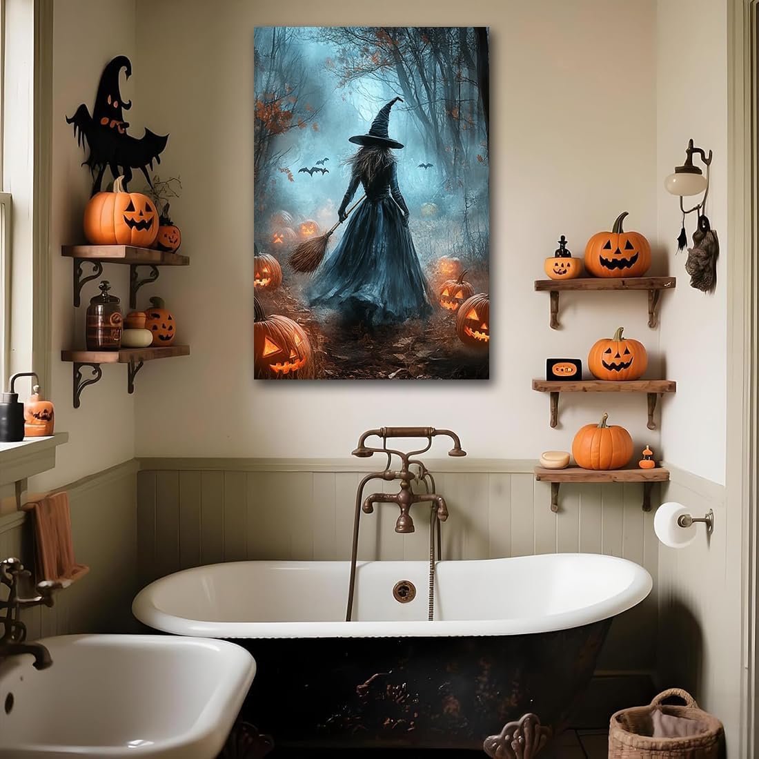 Vintage Moody Halloween Witch Artwork Wall Decor,Spooky Halloween Gothic Canvas Artwork Creepy Horror Witch with A Broom Pumpkin Bats Rustic Forest Picture,Dark Academia Poster,20"x30" Unframed