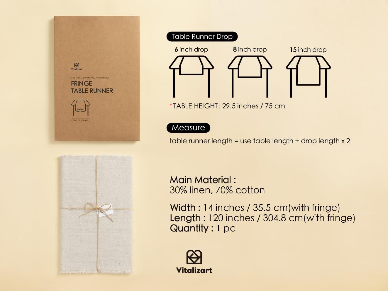 Vitalizart Beige Slub Cotton Linen Table Runner – Rustic Home & Dining Decor for Wedding, Holiday, and Parties (14 x 120 Inches)