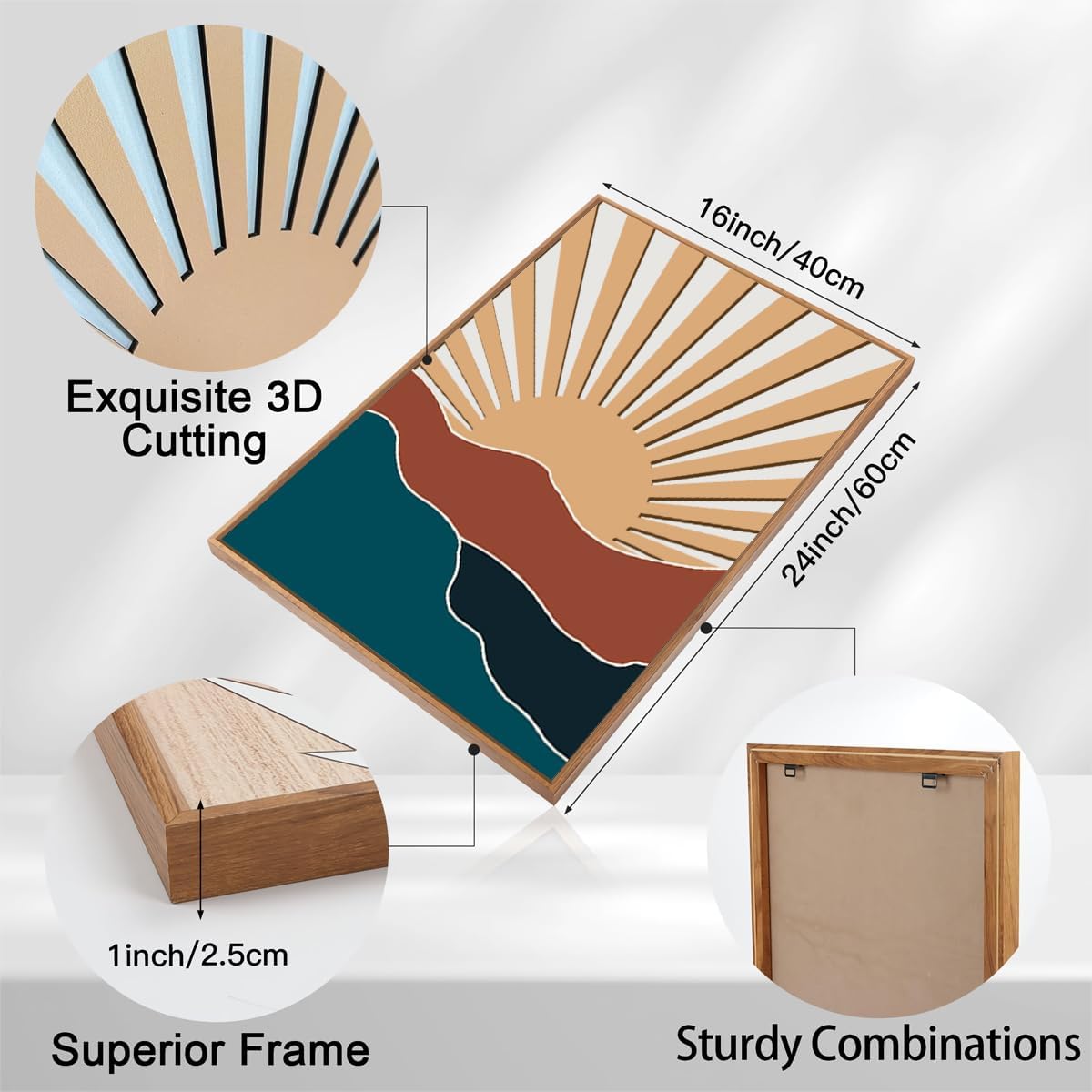 Large Boho Mountain Wall Art Set Modern Abstract Bohemian Wood Wall Decor Colorful Mid Century Neutral Artwork Sun and Moon Art Decor for Living Room Bedroom Office-16x24Inch x3