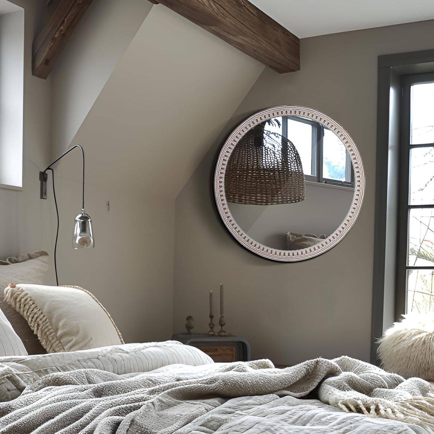 24 inches Decorative Round Wood Mirror with Bead, Rustic Farmhouse Circle Mirrors for Wall Decor, Living Room, Entryway, Bathroom Over Sink