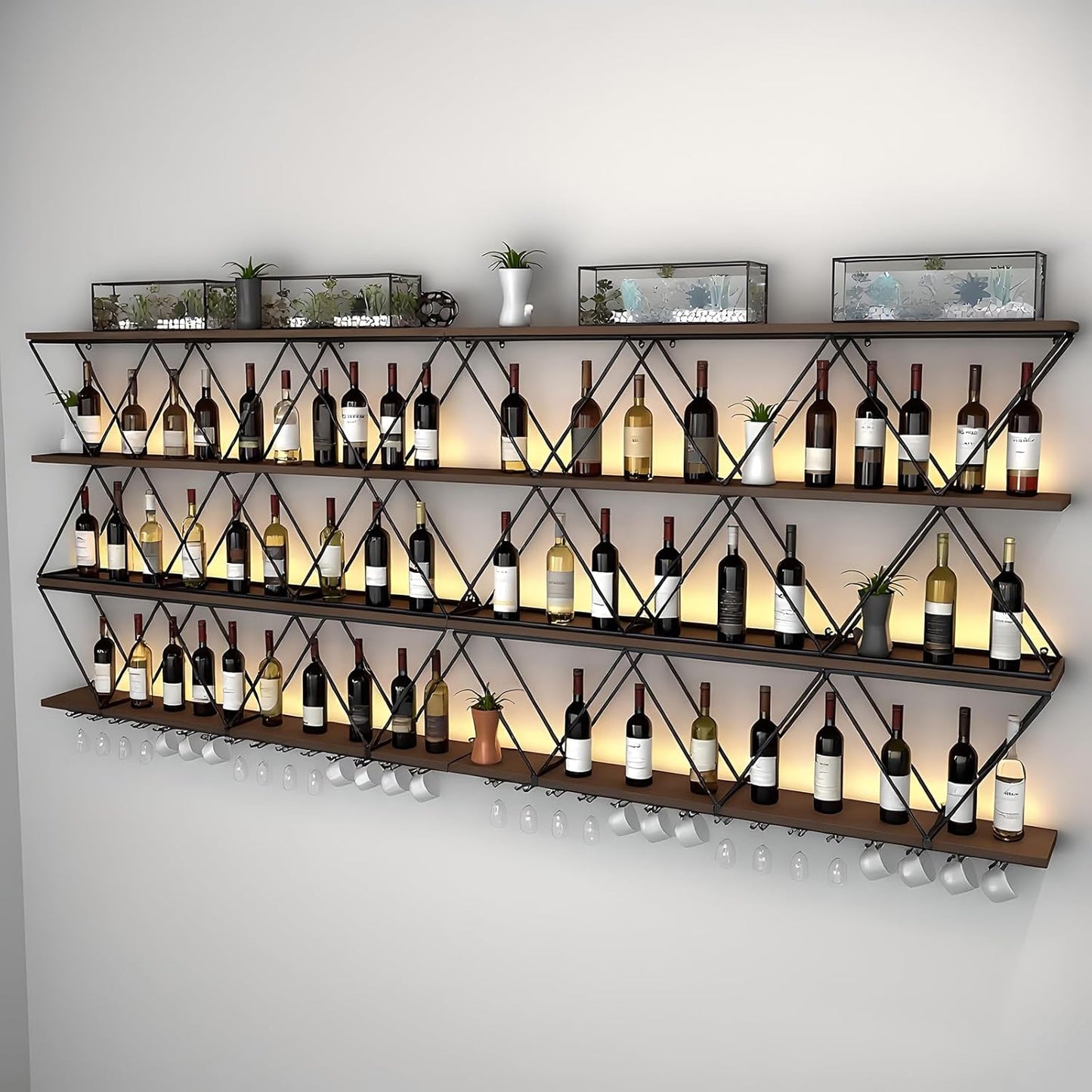 71in Wine Rack Wall Mount with Glass Holder, 3-Tier Floating Wine Rack, DIY Multi-Function Bar Wine Bottle Display Rack for Commercial Restaurants, Tea Rooms, Bars, Wine Cellars