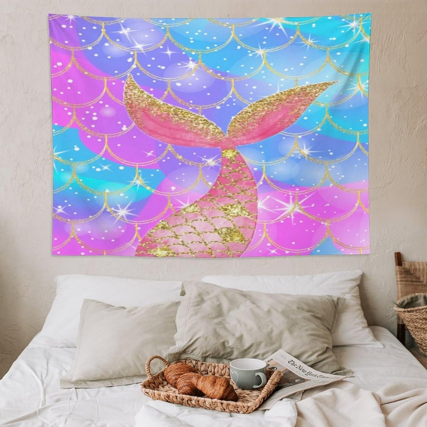 HZOHNAGO Mermaid Scales Tapestry Colorful Shiny Scales Mermaid Tail Pattern Printed Wall Tapestry Wall Hanging for Bedroom Living Room Dorm 80" W x 60" H
