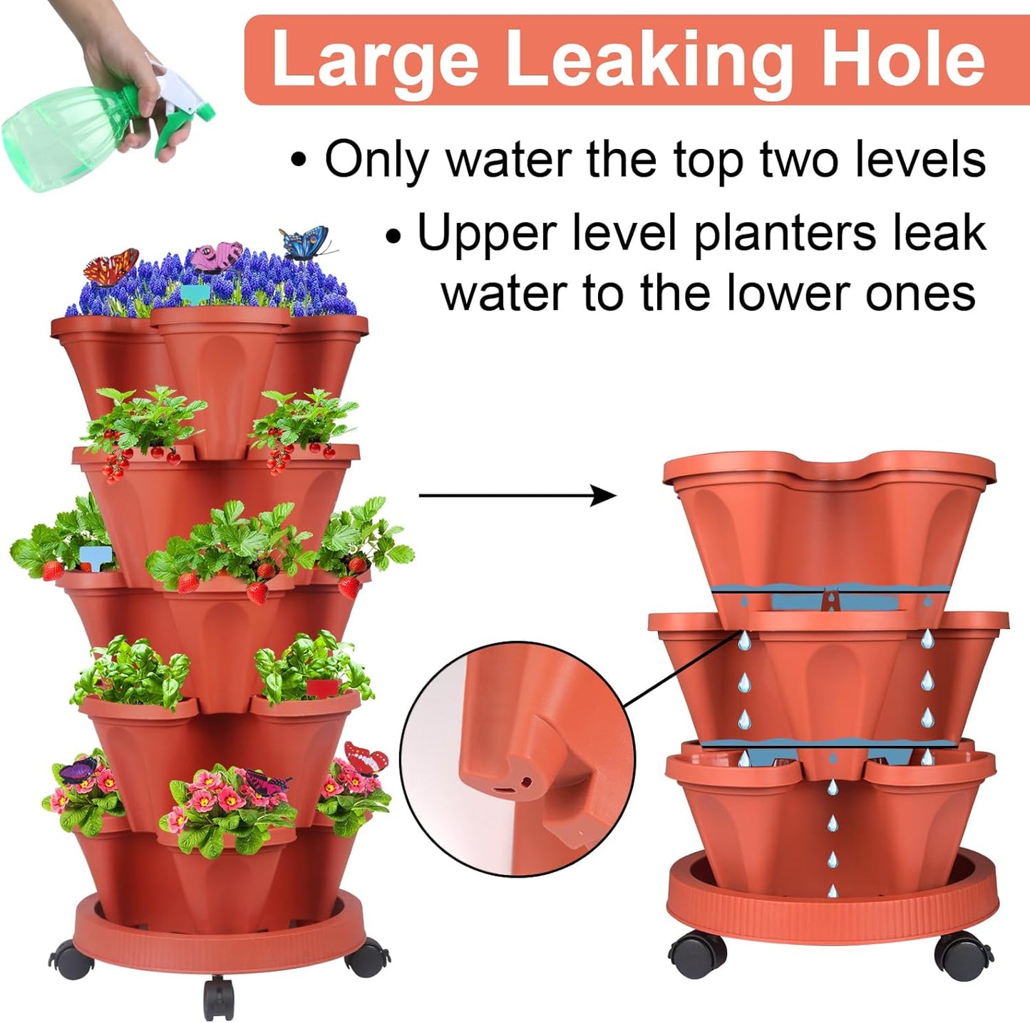 DUNCHATY Stackable Planter, Vertical Strawberry Planter with Garen Tool Set, Self Watering Garden Planter Indoor/Outdoor 5 Tier Herb Planter Pots for Growing Vegetables and Succulents, Clay Red