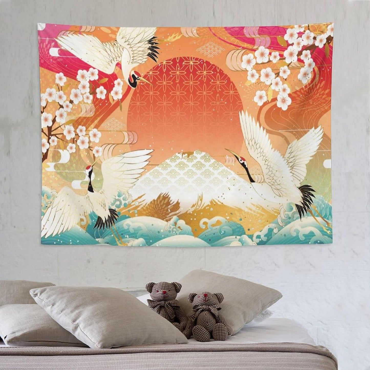 HZOHNAGO Japanese Tapestry Cherry Blossom Crane Sea Wave Fuji Mountain Red Sun Pattern Printed Wall Tapestry Painting Wall Hanging for Bedroom Living Room Dorm 80" W x 60" H