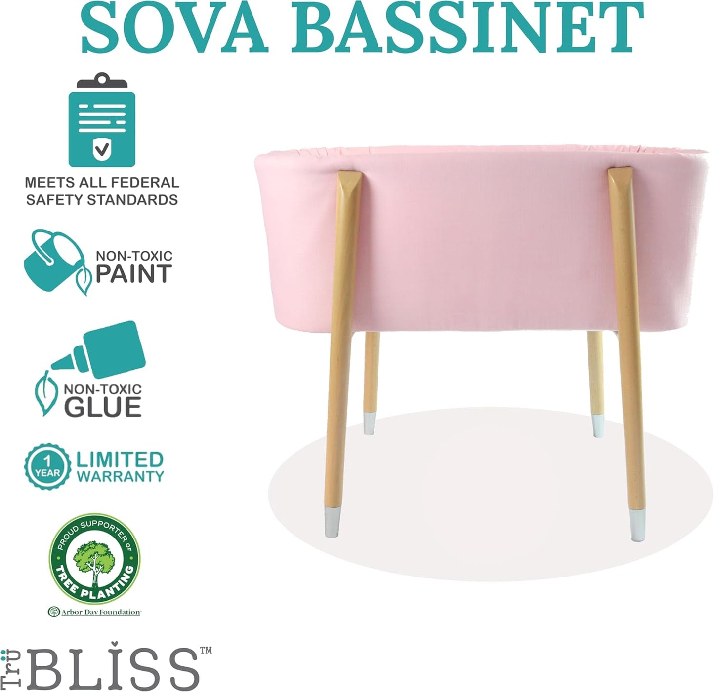 Sova Portable Baby Bassinet, Mid-Century Design with Extra Deep Walls for Newborns and Babies Safety, Includes 2 Fitted Sheets and Padded Mattress (Precious Pink)
