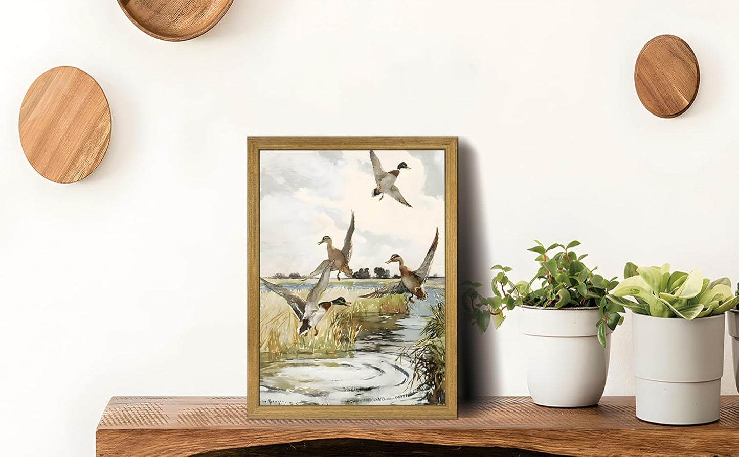 Vintage Framed Duck Wall Art Print, Rustic Mallard Bird Illustration Canvas Poster, Cottagecore Animal Artwork, Farmhouse Nature Wall Decor for Living Room Kitchen Bathroom Bedroom 12x16 inch