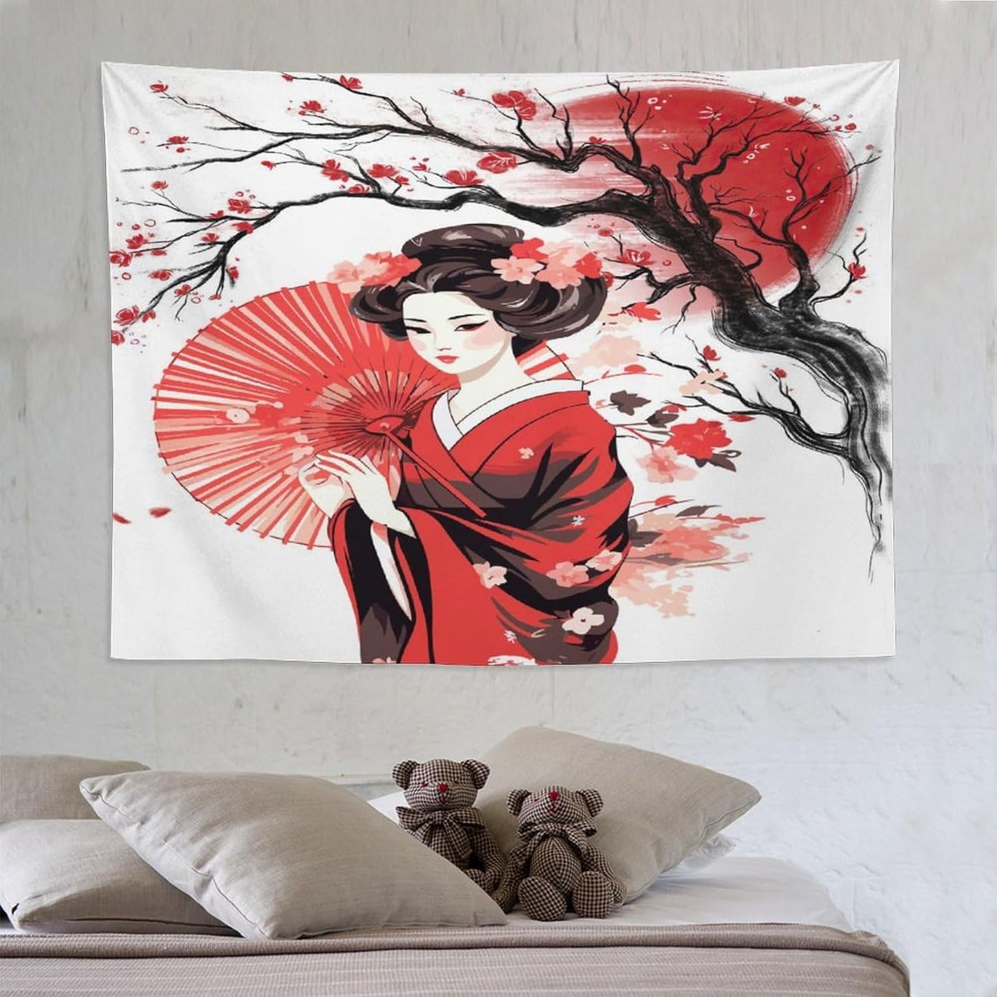 Japanese Red Geisha Tapestry Asian Cherry Blossom Traditional Kimono Folk Tapestries Home Decor for Living Room Bedroom Apartment Farmhouse Dorm 80"x60"