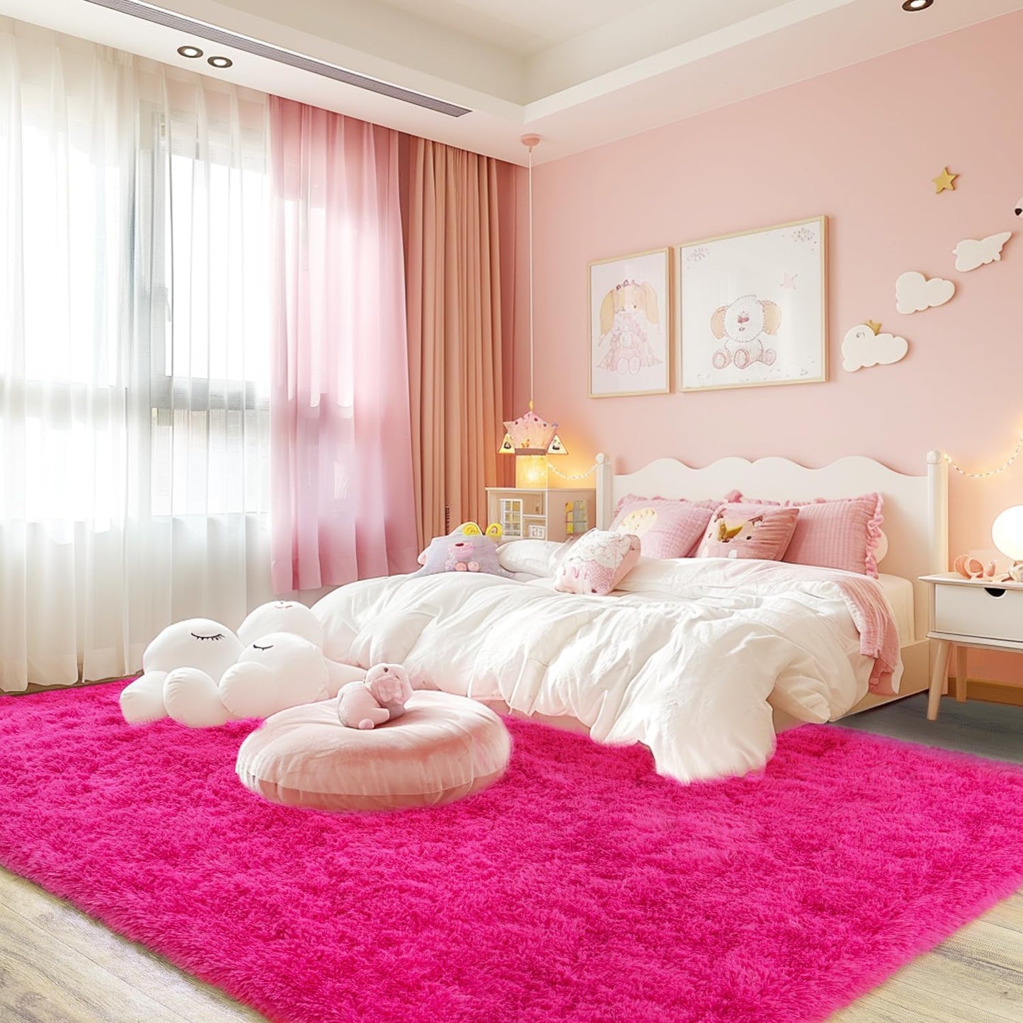 Rezutan Soft Fluffy Rug for Living Room Bedroom, Large Comfy Modern Shaggy Fuzzy Plush Indoor Nursery Classroom Home Decor Bedside Rug with Non-Slip Bottom, Hot Pink, 8 X 10 Feet