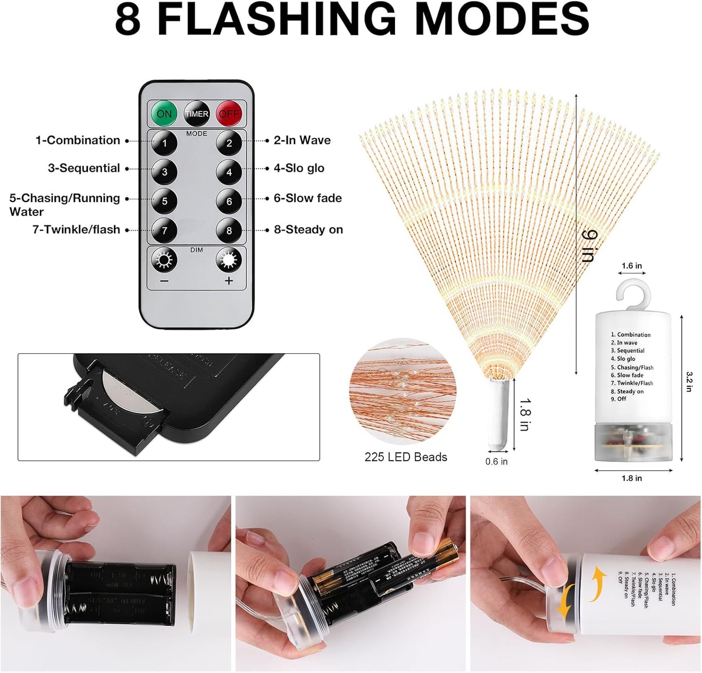 Techip 4 Pcs 225Led Lights Battery Operated Fairy Lights Copper Wire with Remote 8 Modes Wedding Hanging String Lights Christmas Decorative Lights Outdoor Indoor Decoration,Warm White