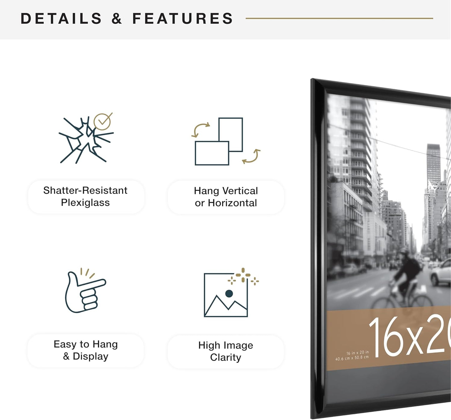 MCS Trendsetter 16x20 Poster Frame Black High-Gloss, Vertical & Horizontal Wall Hanging Large Picture Frame for Photos, Posters & Art Prints (1-Pack)