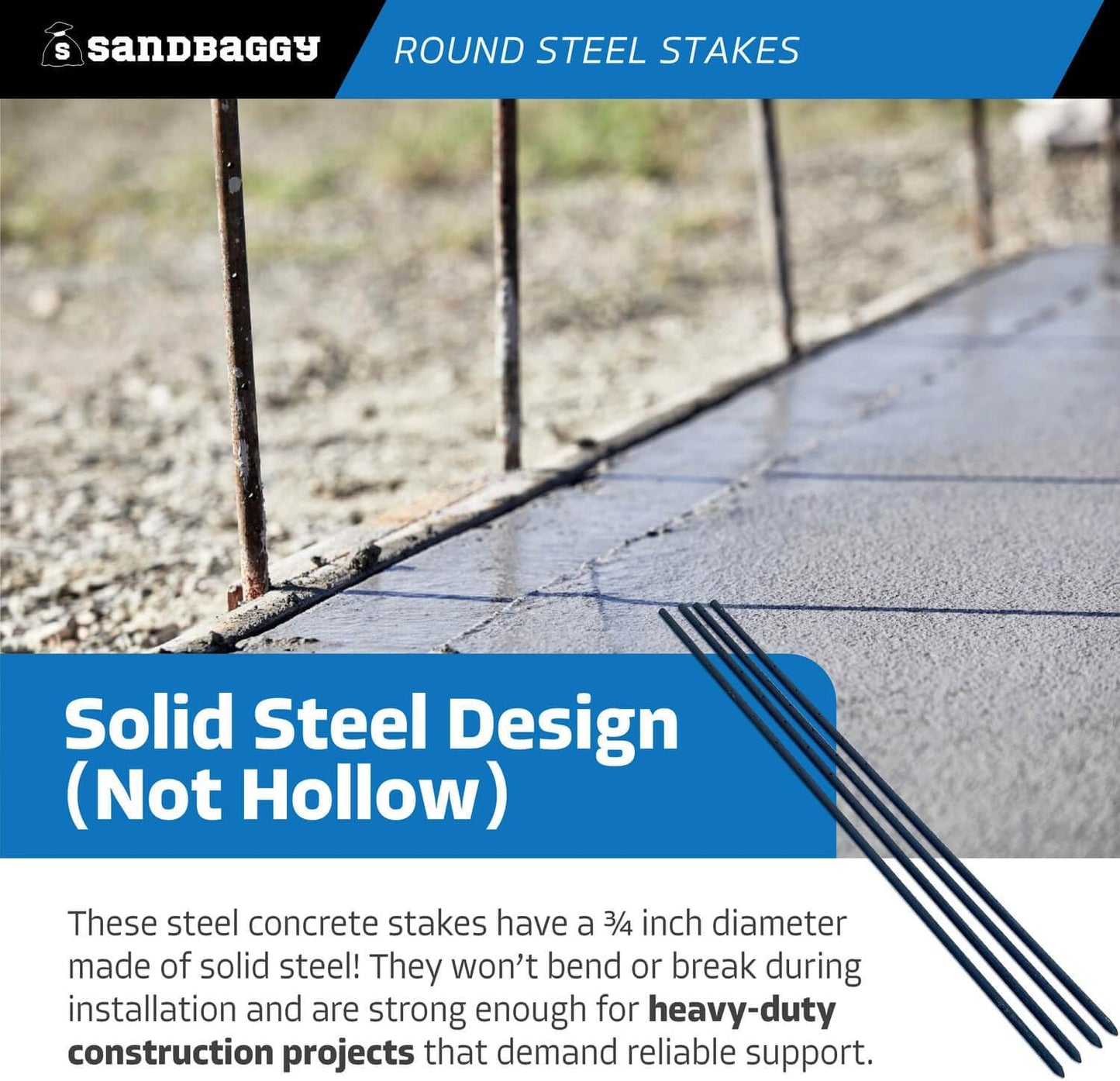 Sandbaggy Round Steel Concrete Form Stakes with Nail Holes - Rust Resistant Coating - Removable, Reusable (10, 3/4 in X 48 in)