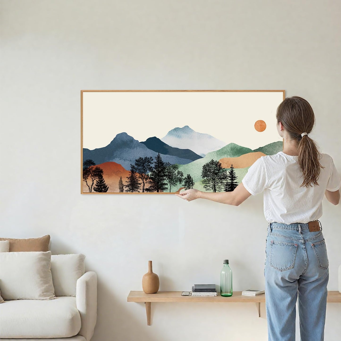 SIGNINART Large Boho Mountains Framed Canvas Wall Art, Watercolor Nature Landscape Art Prints, Neutral Modern Sunrise Art Paintings, Green Forest Wall Decor for Living Room, Bedroom, Office 20"x40"