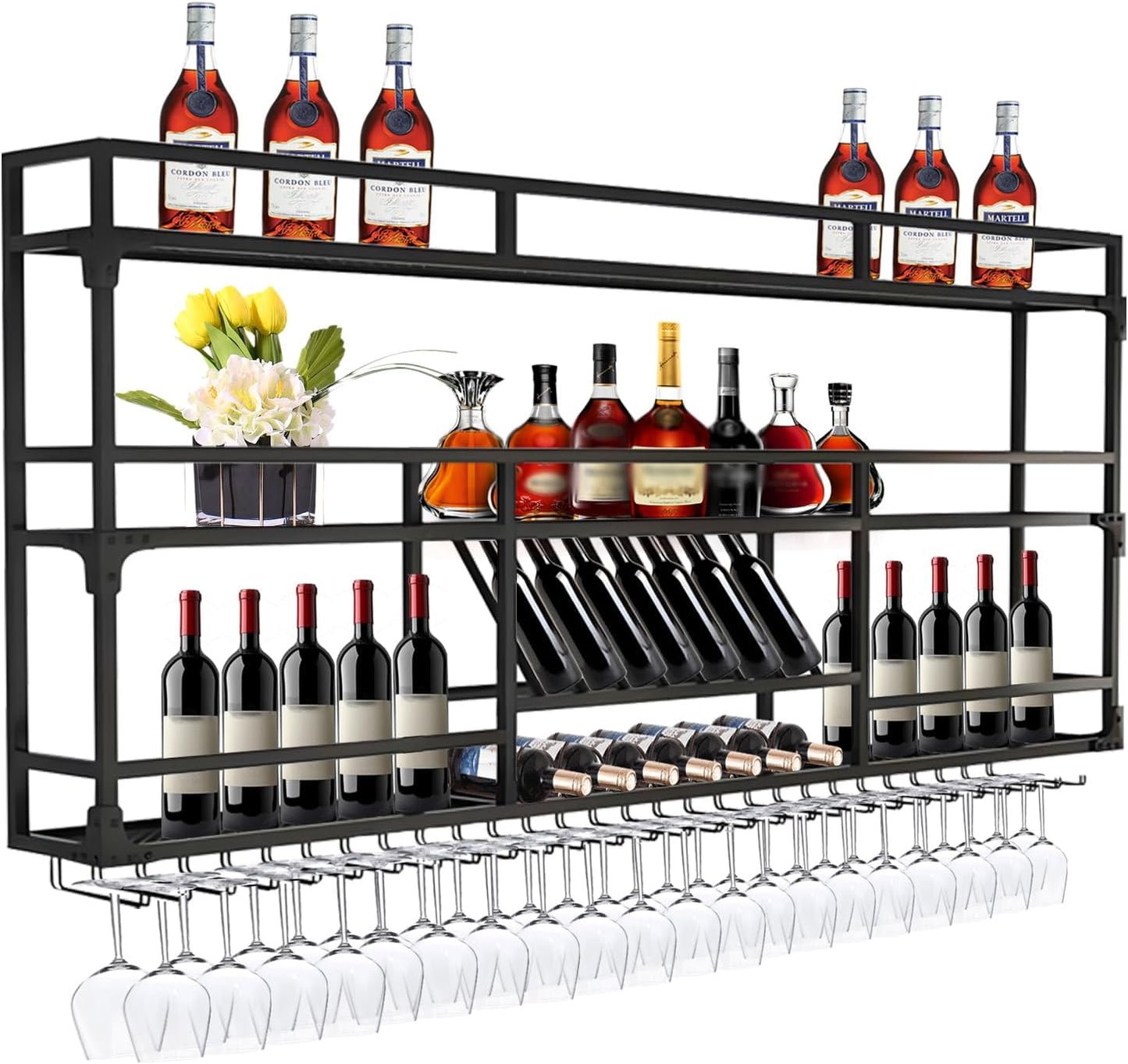 59in Wall Mounted Wine Rack, Wine Rack Wall Mounted With Wine Glass Rack, Metal Bar Bottle Display Shelf Wine Cups Hanging Holder, For Home Bar Cafe Dining Room Decoration (BLACK, 59*10*35.5inch)