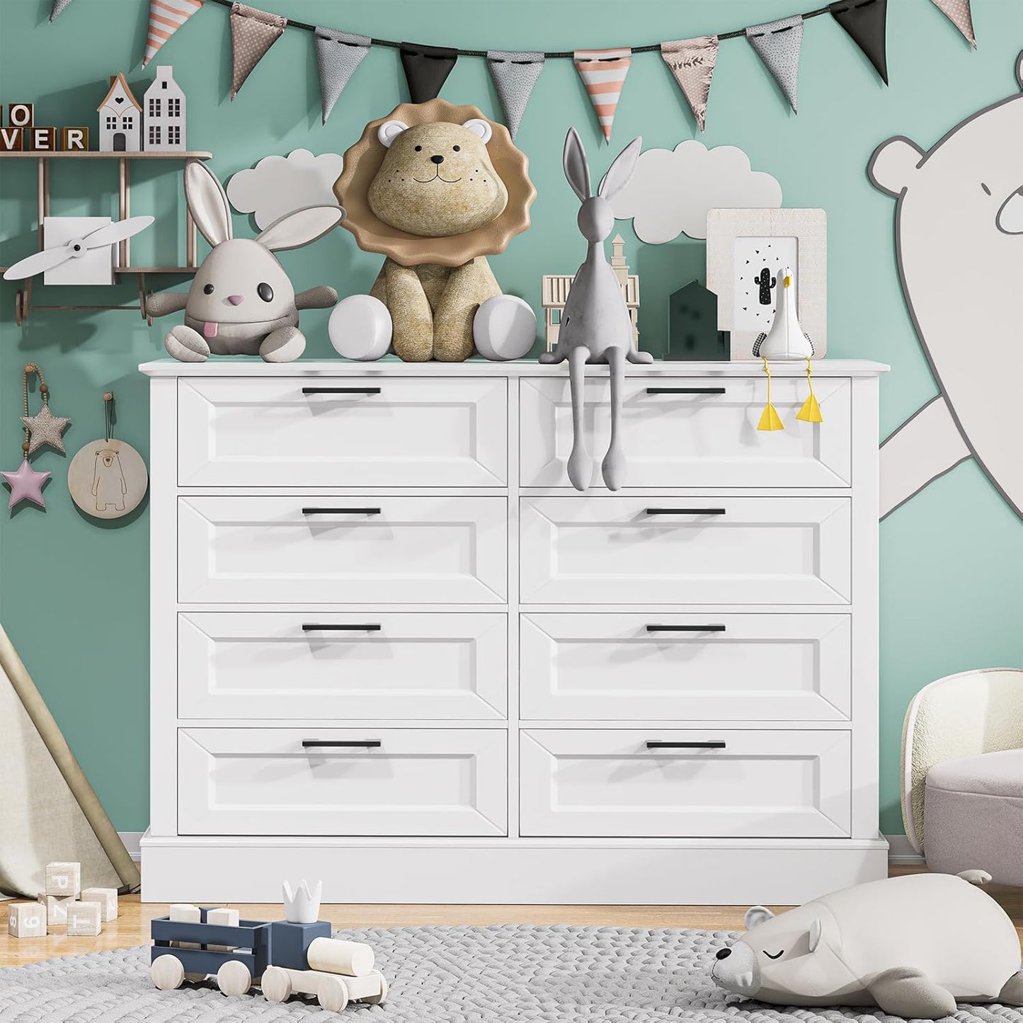 Odeekea White Dresser for Bedroom, Wood Dresser with 8 Drawers, Chest of Drawer for Bedroom Living Room Entryway Hallway, Modern Farmhouse Style