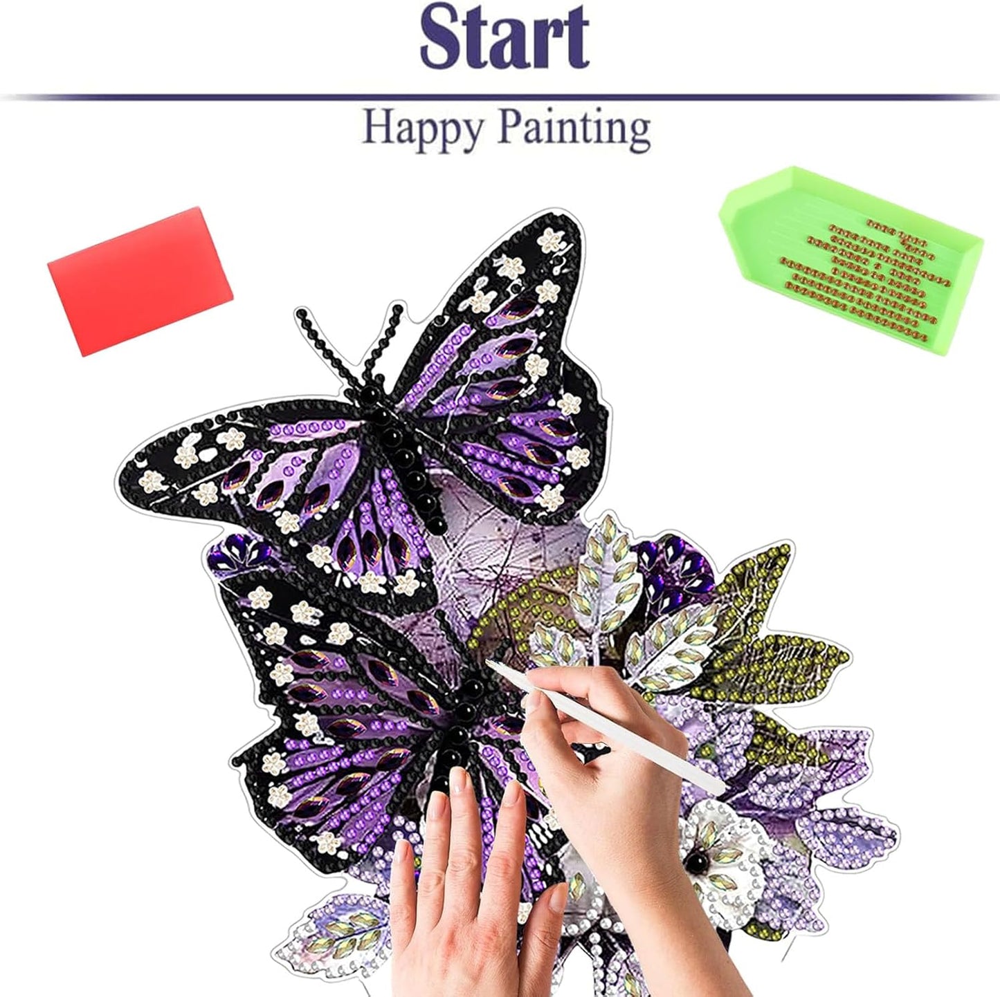 Diamond Painting Kits for Adults Beginners, 5D Full Drill Flowers and Butterfly Crystal Art Desktop Ornament, DIY Single Sided Home Office Desk Decor, Creative Craft Gift Set with Tools