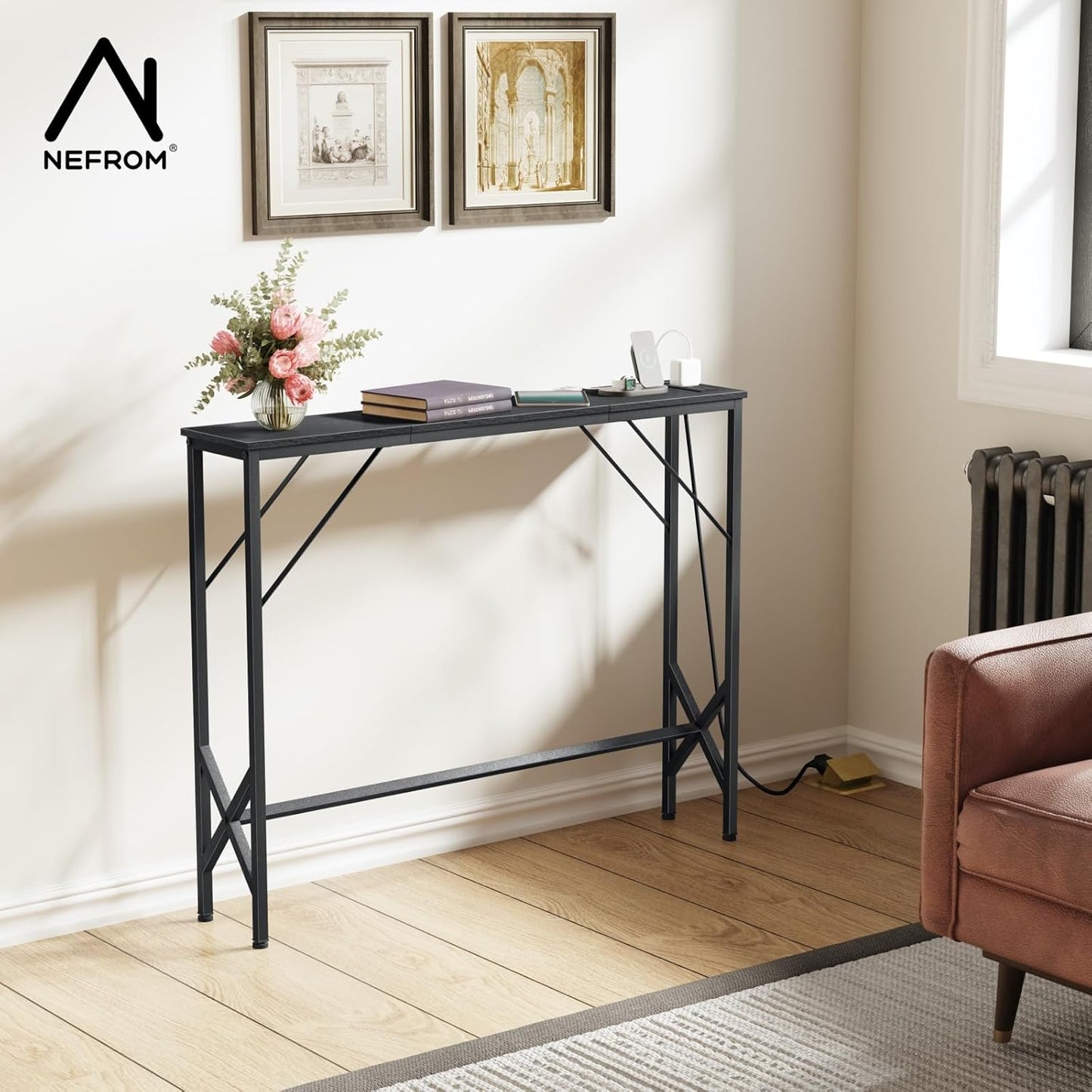 39.4" Console Table, Skinny Entryway Table with Fast-Charging Station, Narrow Long Sofa Table, Behind Slim Couch Table for Entrance, Hallway, Living Room Decor ST-BK100-1