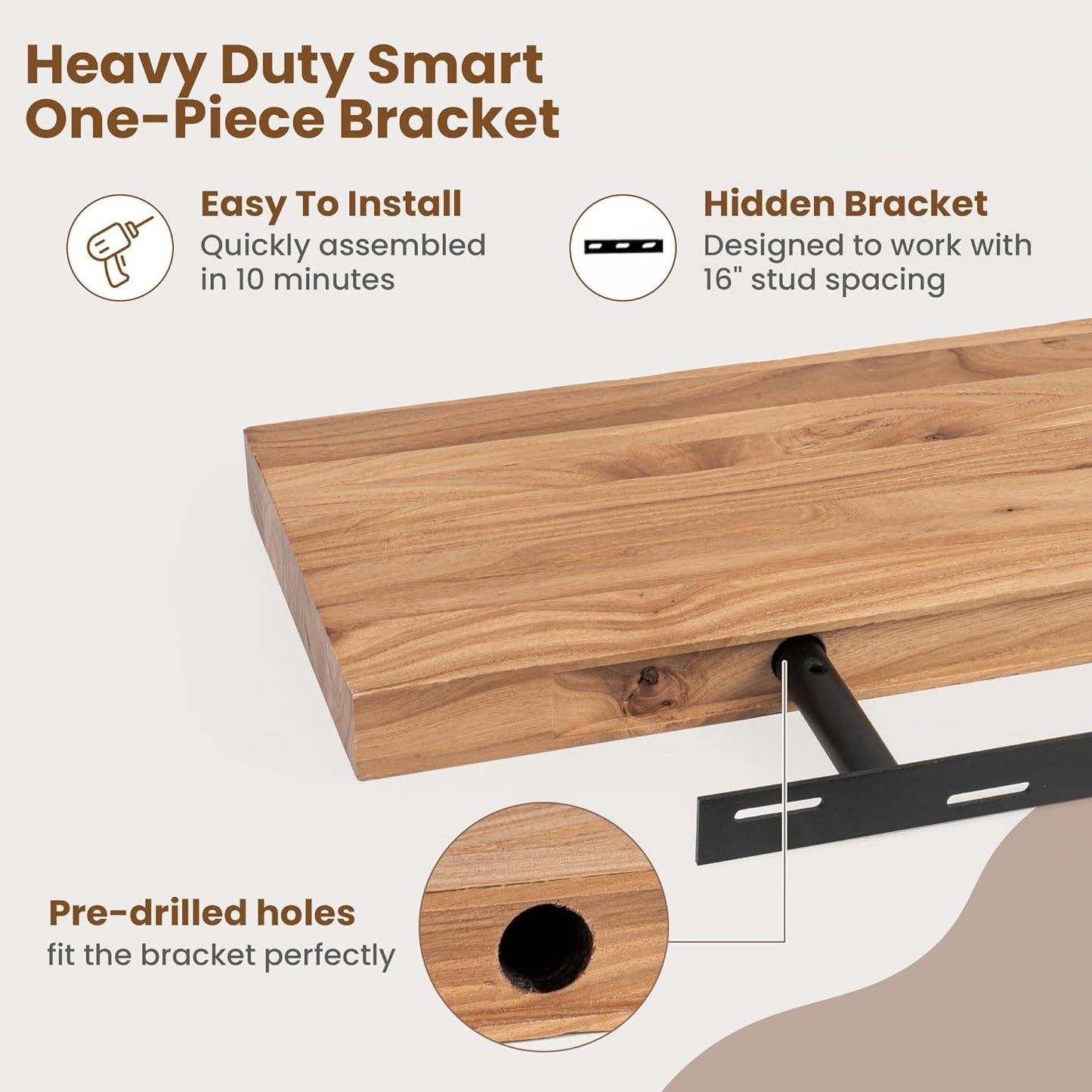 Floating Shelves for Wall Decor, 8" Deep Rustic Solid Elm Wood Floating Shelves Wall Mounted, Wall Shelves with Invisible Bracket for Living Room Bathroom Bedroom Kitchen, 40 Inch Set of 1, Natural