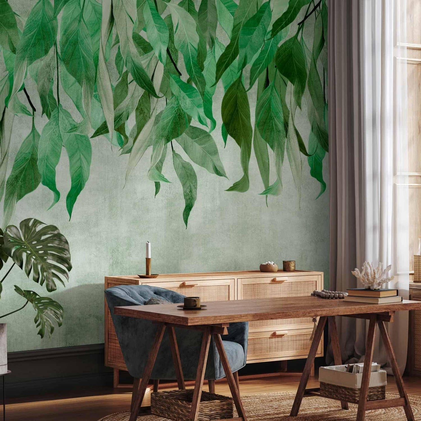 artgeist Wall Mural Hanging Leaves 118x83 in - Non-Woven Wallpaper Fleece Wall Decor Photo Print Picture Image Design Nature Botanical Concrete Green Like Painted b-C-10146-a-a