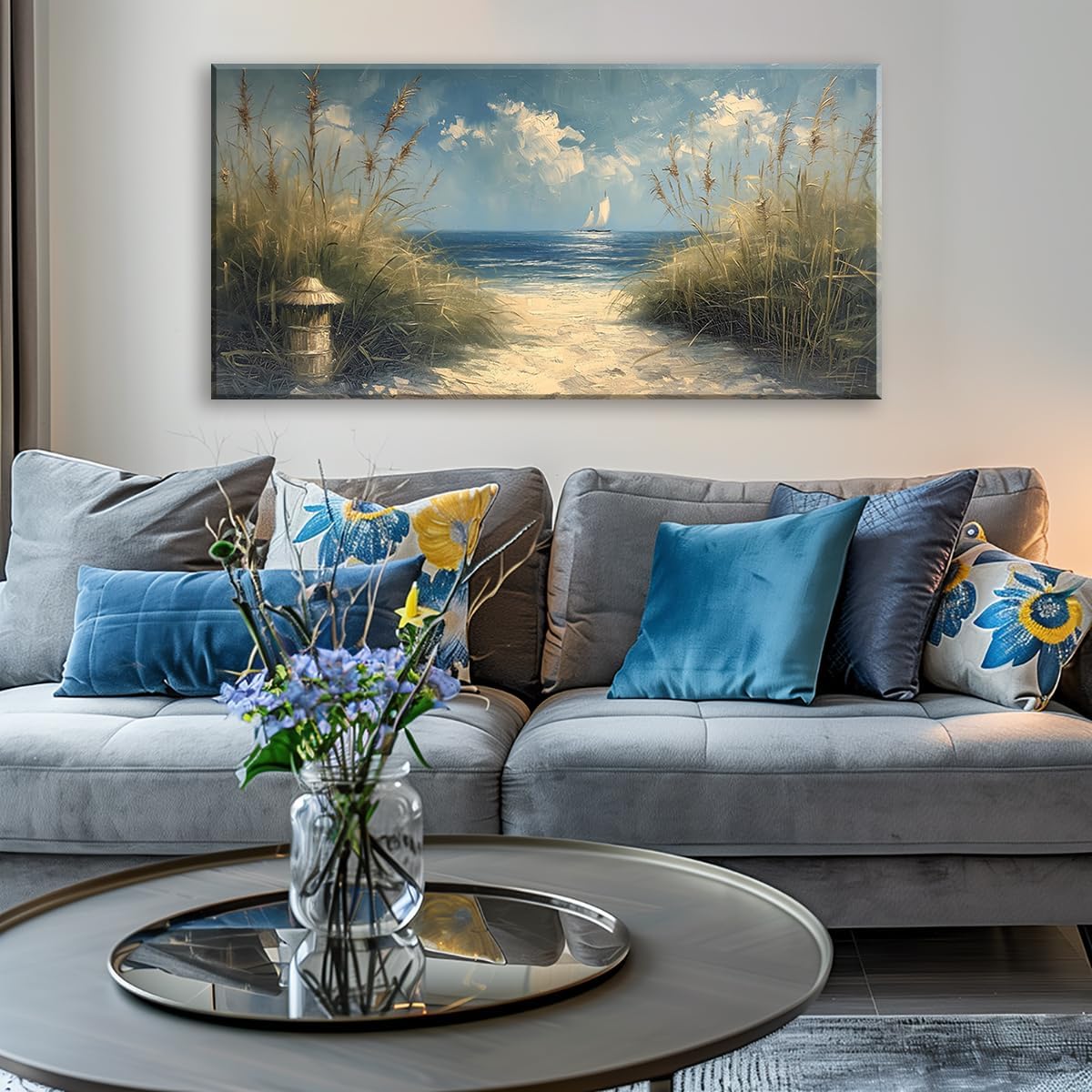 LASMOND Beautiful White Sandy Beach by Seaside Landscape Wall Art Decor Artwork for Bedroom Living Room (48x24 Inches)