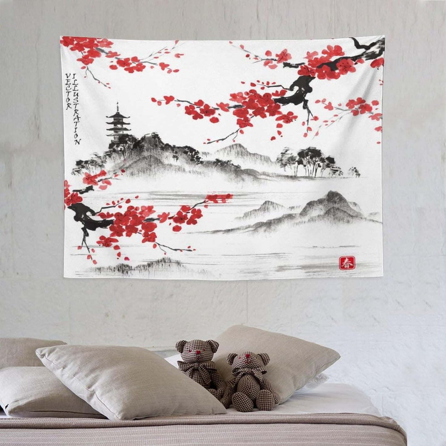 Cherry Blossoms Tapestry, Japanese Fuji Mountain Wall Tapestry, Nature Landscape Wall Art for Bedroom & Living Room Decor, 40"x30"