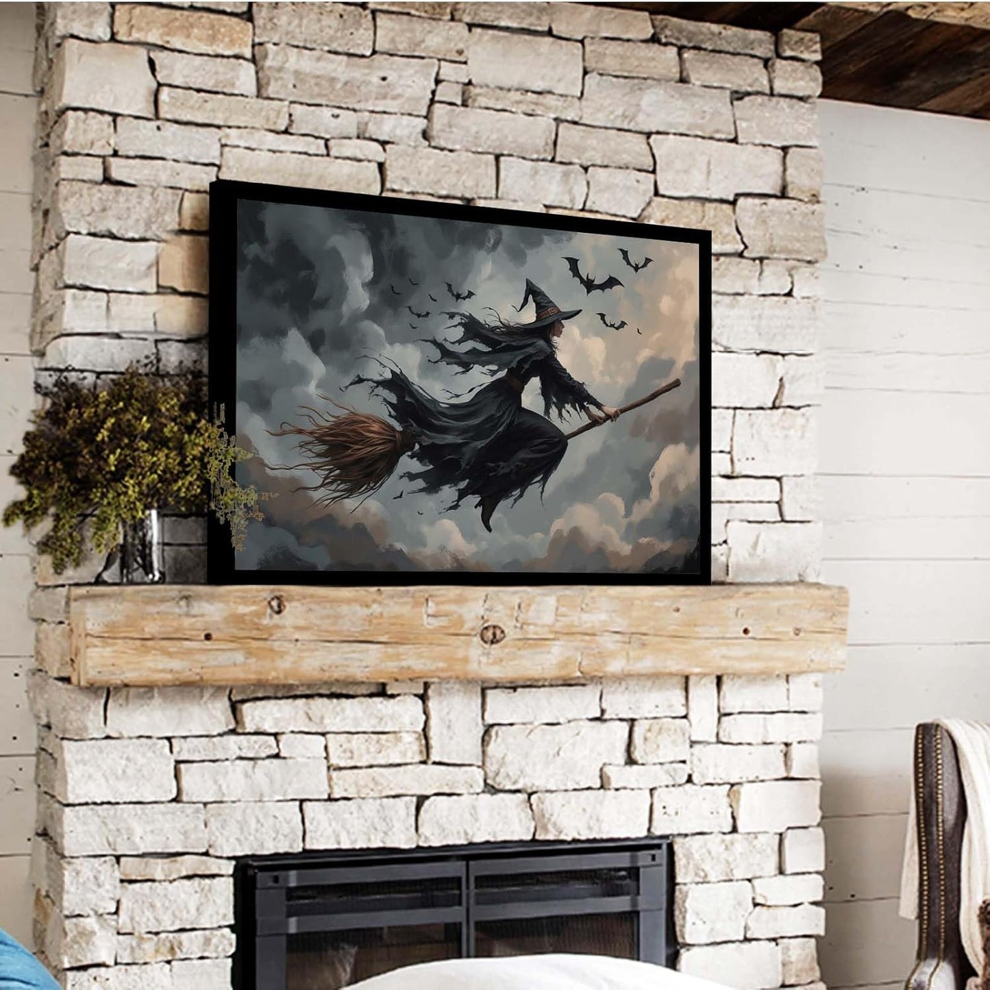 JFHCQJPK Witch and bat flying Halloween poster suitable for home party wall decoration retro Halloween preppy style wall art canvas print suitable for room decoration20x30in Metal blackFramed