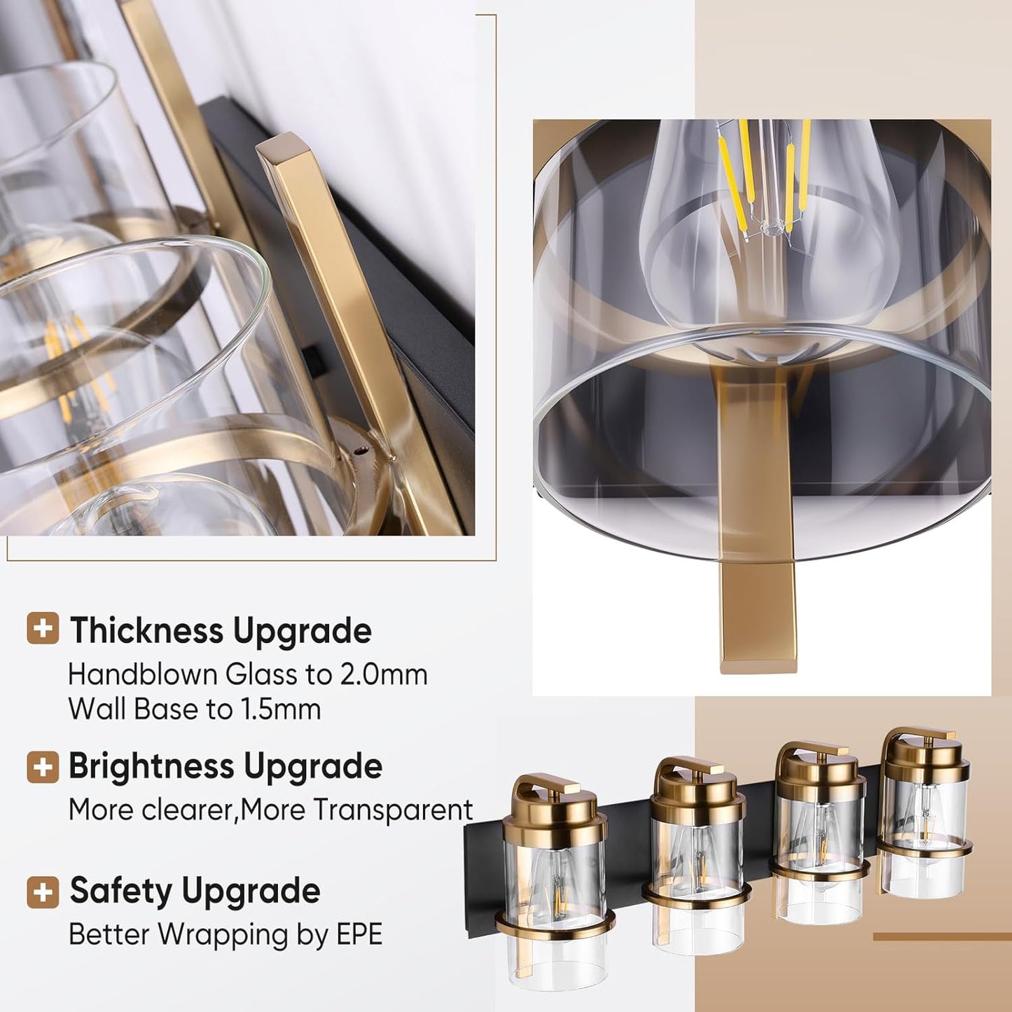 Black Gold Wall Sconces,Bathroom Vanity Light Fixtures,4 Lights Black Sconce Over Mirror,Farmhouse Bathroom Lights(Bulbs not Included)