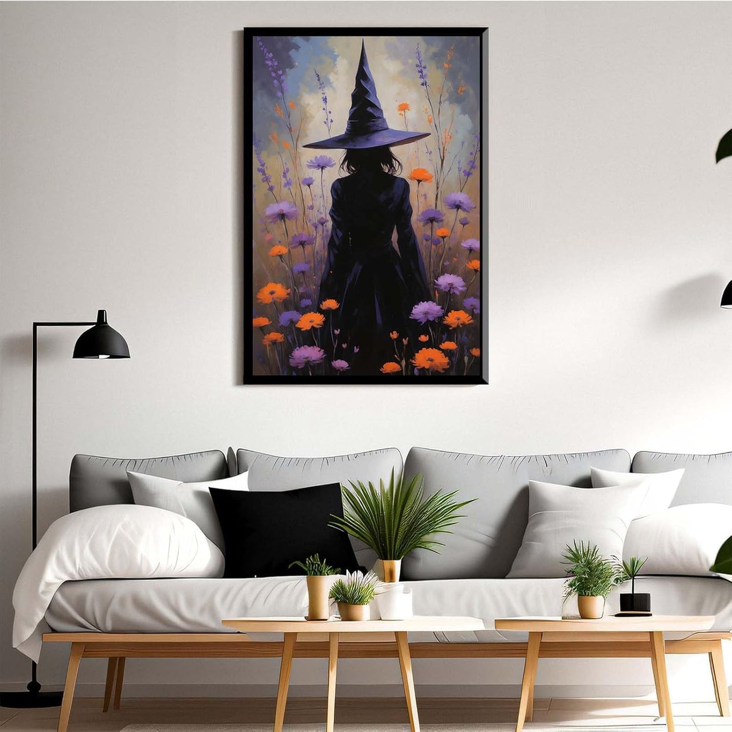 JFHCQJPK Country wildflower witch canvas print halloween mashup art witch purple decoration bohemian elegant art poster16x24in Metal blackFramed