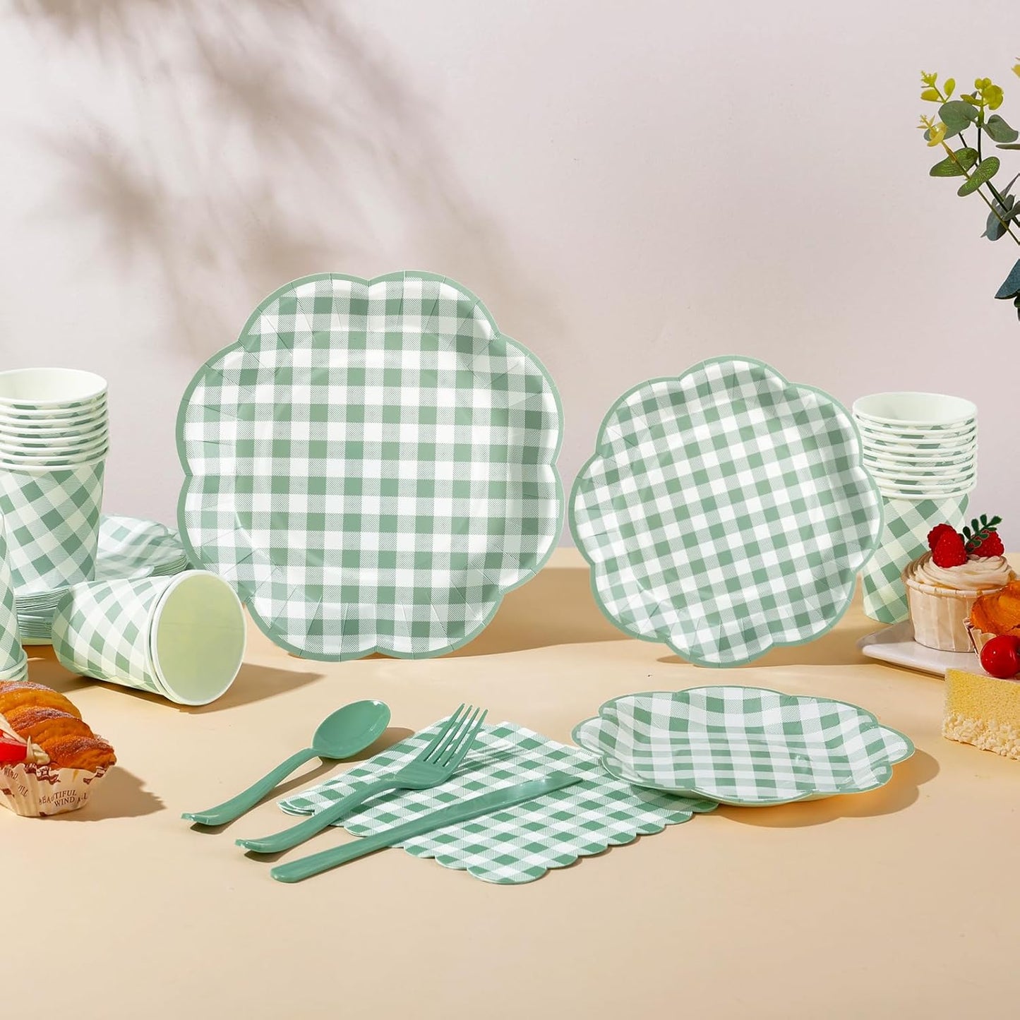 175 Pcs Sage Green Gingham Paper Plates and Napkins Party Supplies - Sage Green and White Checkered Plates Scalloped Plaid Plate for Birthday Dinner Picnic BBQ Party Decorations, Serve 25 Guests