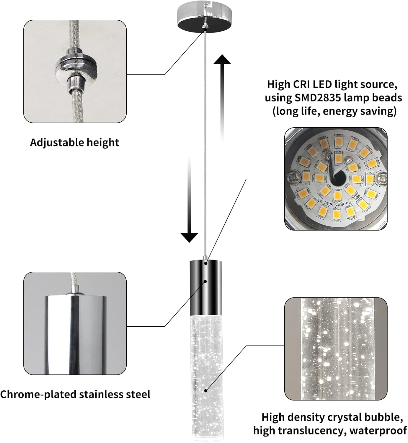 OKELI Pendant Lights Kitchen Island 1 Pack, 6000K Modern LED Bubble Crysta Pendant Light, Chrome Mini Single Island Lights Hanging Lighting for Dining Room, 6W, ETL