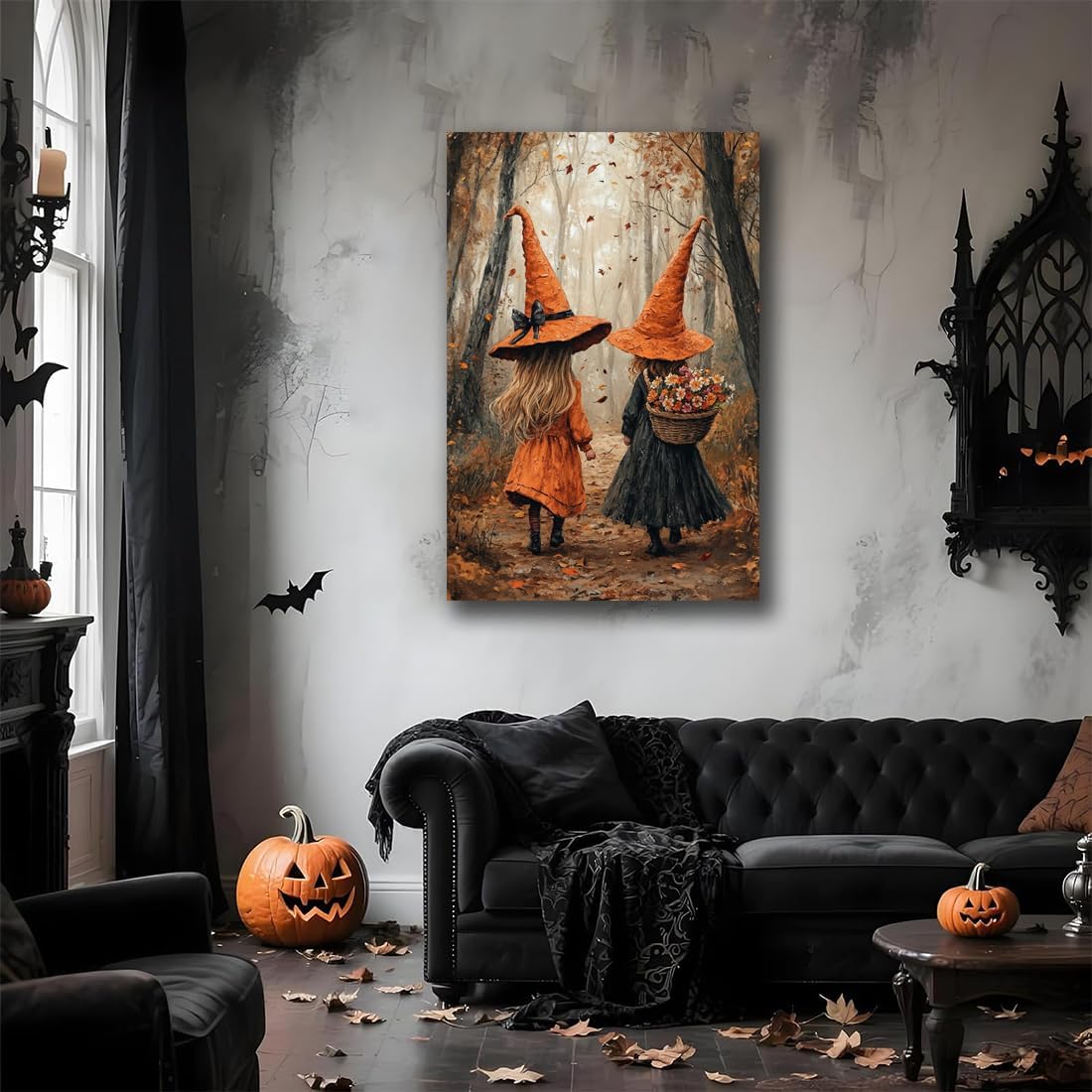 Fall Wall Art Witch Picture Decor,Little Girl Witch Halloween Wall Art, Vintage Autumn Whimsical Woodland Forest Picture, Family Room Nursery Playroom Children Room Decoration,16"x24" Unframed